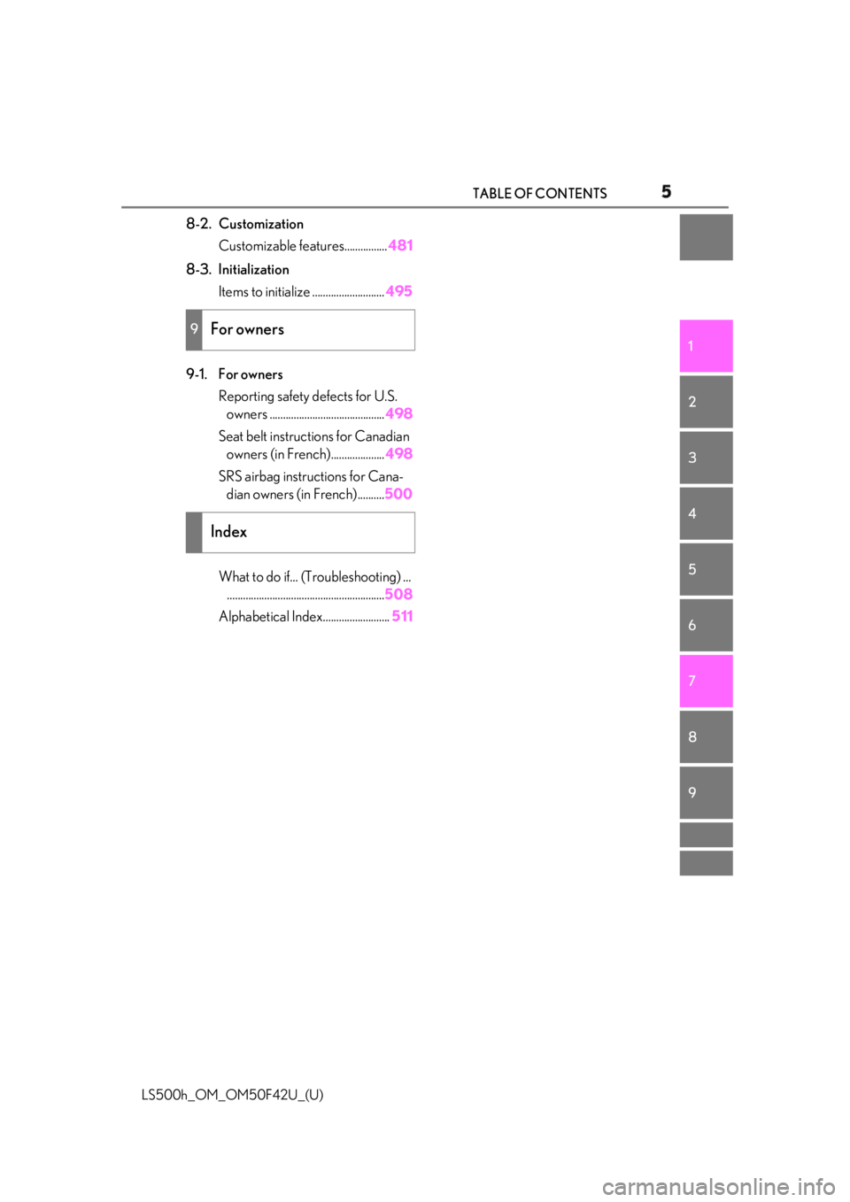 LEXUS LS500H 2018  Owners Manual 5TABLE OF CONTENTS
LS500h_OM_OM50F42U_(U) 1
2
3
4
5
6
7
8
98-2. Customization
Customizable features................ 481
8-3. Initialization
Items to initialize ........................... 495
9-1. For