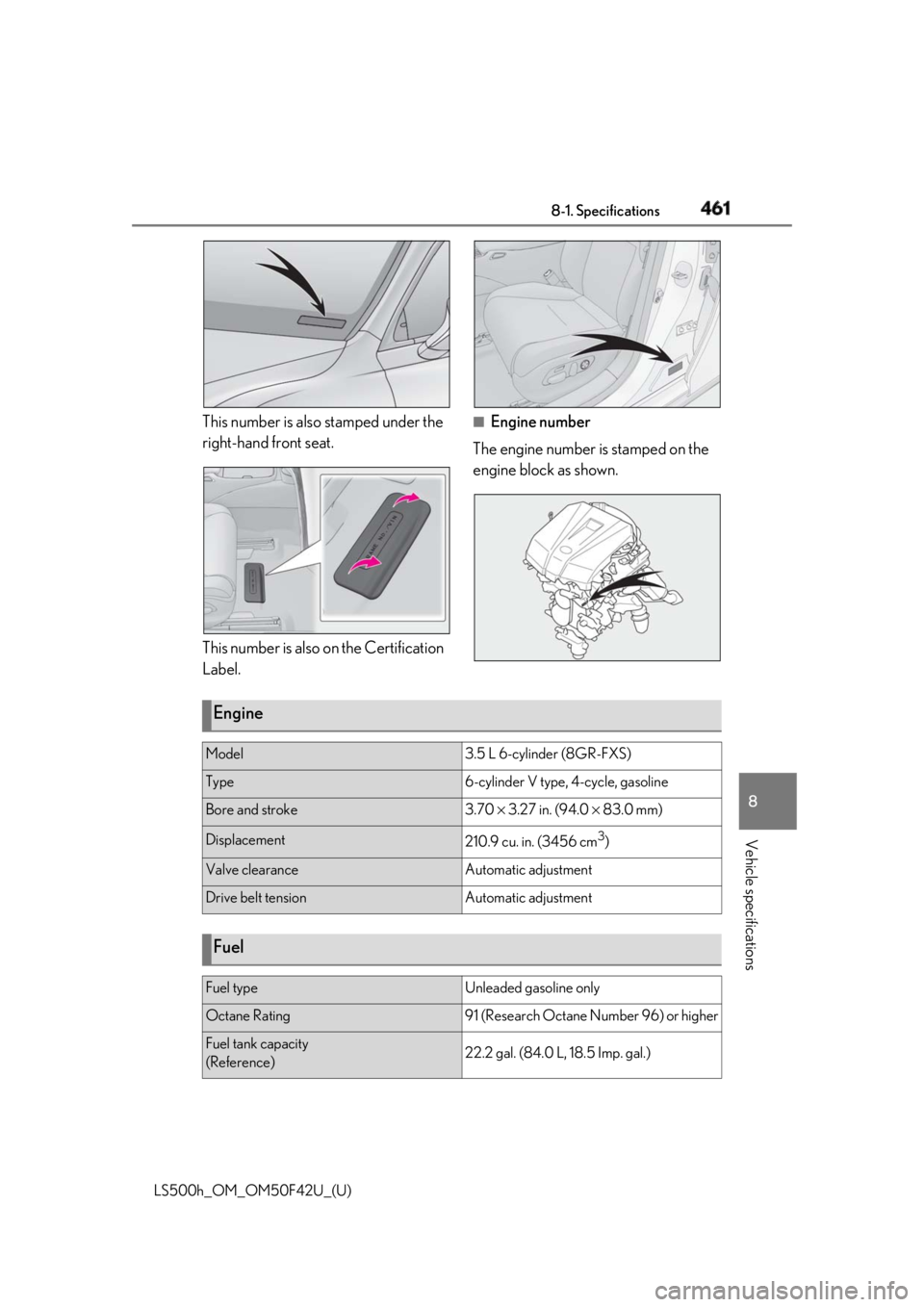 LEXUS LS500H 2018  Owners Manual 4618-1. Specifications
LS500h_OM_OM50F42U_(U) 8
Vehicle specifications This number is also stamped under the 
right-hand front seat.
This number is also on the Certification 
Label. ■
Engine number
