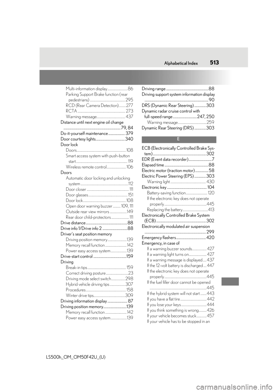 LEXUS LS500H 2018 Owners Manual 5131-1. What to do if... (Troubleshooting)
LS500h_OM_OM50F42U_(U) 513Alphabetical Index
Multi-information display .......................... 86
Parking Support Brake function (rear
pedestrians) ..... LEXUS LS500H 2018 Owners Manual 5131-1. What to do if... (Troubleshooting)
LS500h_OM_OM50F42U_(U) 513Alphabetical Index
Multi-information display .......................... 86
Parking Support Brake function (rear
pedestrians) .....