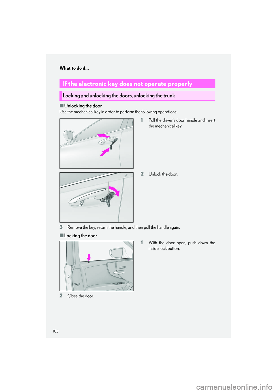 LEXUS LS500H 2021  Owners Manual What to do if...
103
LS500h_QG_U
■Unlocking the door
Use the mechanical key in order to perform the following operations:
1Pull the drivers door handle and insert
the mechanical key
2Unlock the doo