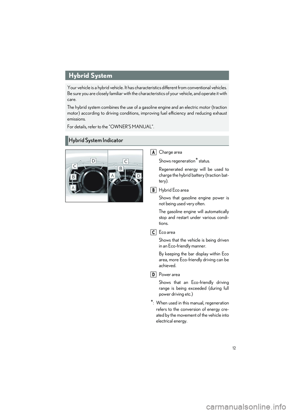 LEXUS LS500H 2021 Owners Manual 12
LS500h_QG_U
Charge area
Shows regeneration
* status.
Regenerated energy will be used to
charge the hybrid battery (traction bat-
tery).
Hybrid Eco area
Shows that gasoline engine power is
not being LEXUS LS500H 2021 Owners Manual 12
LS500h_QG_U
Charge area
Shows regeneration
* status.
Regenerated energy will be used to
charge the hybrid battery (traction bat-
tery).
Hybrid Eco area
Shows that gasoline engine power is
not being