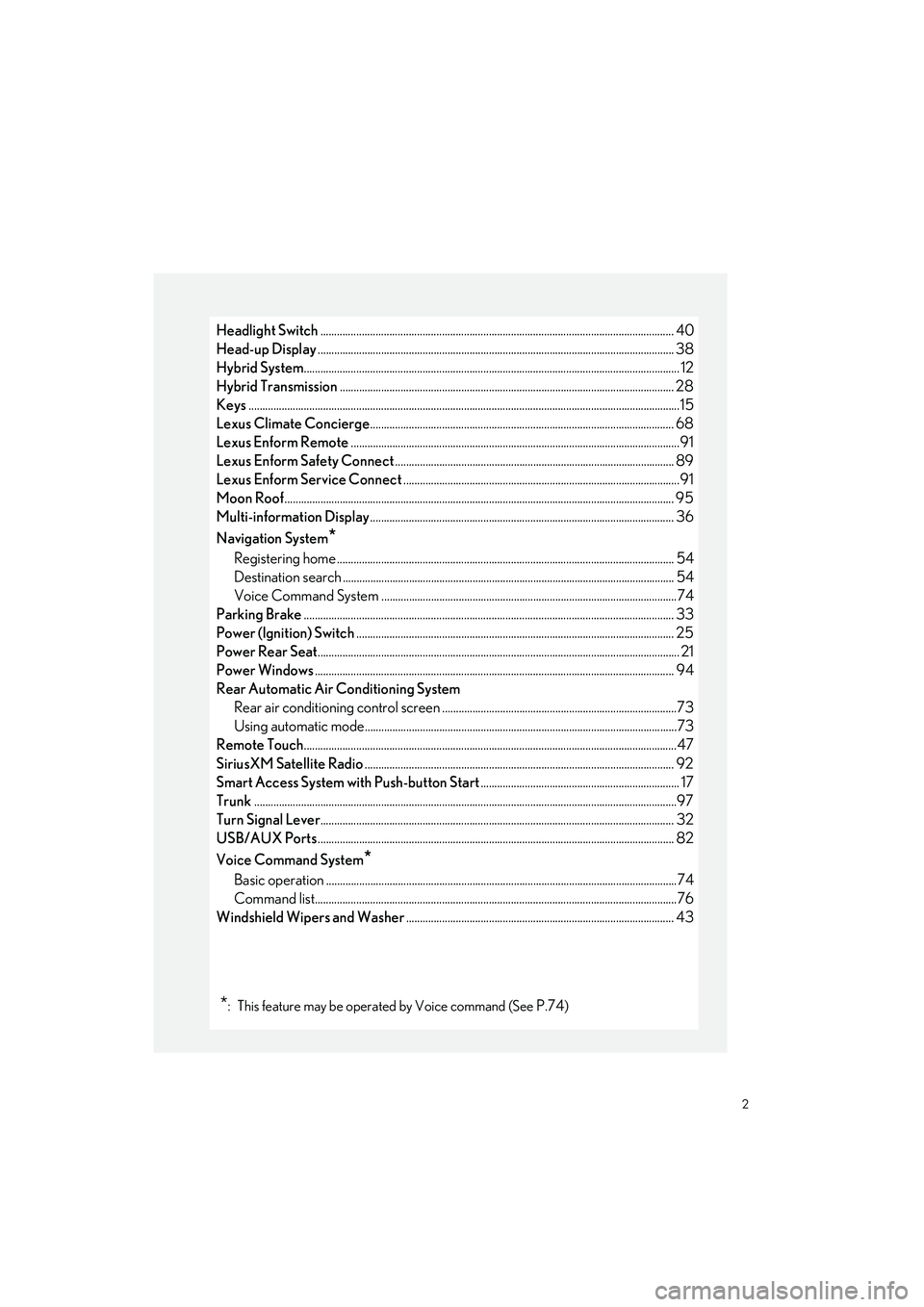 LEXUS LS500H 2021  Owners Manual 2
LS500h_QG_U
Headlight Switch............................................................................................................................... .40
Head-up Display ......................