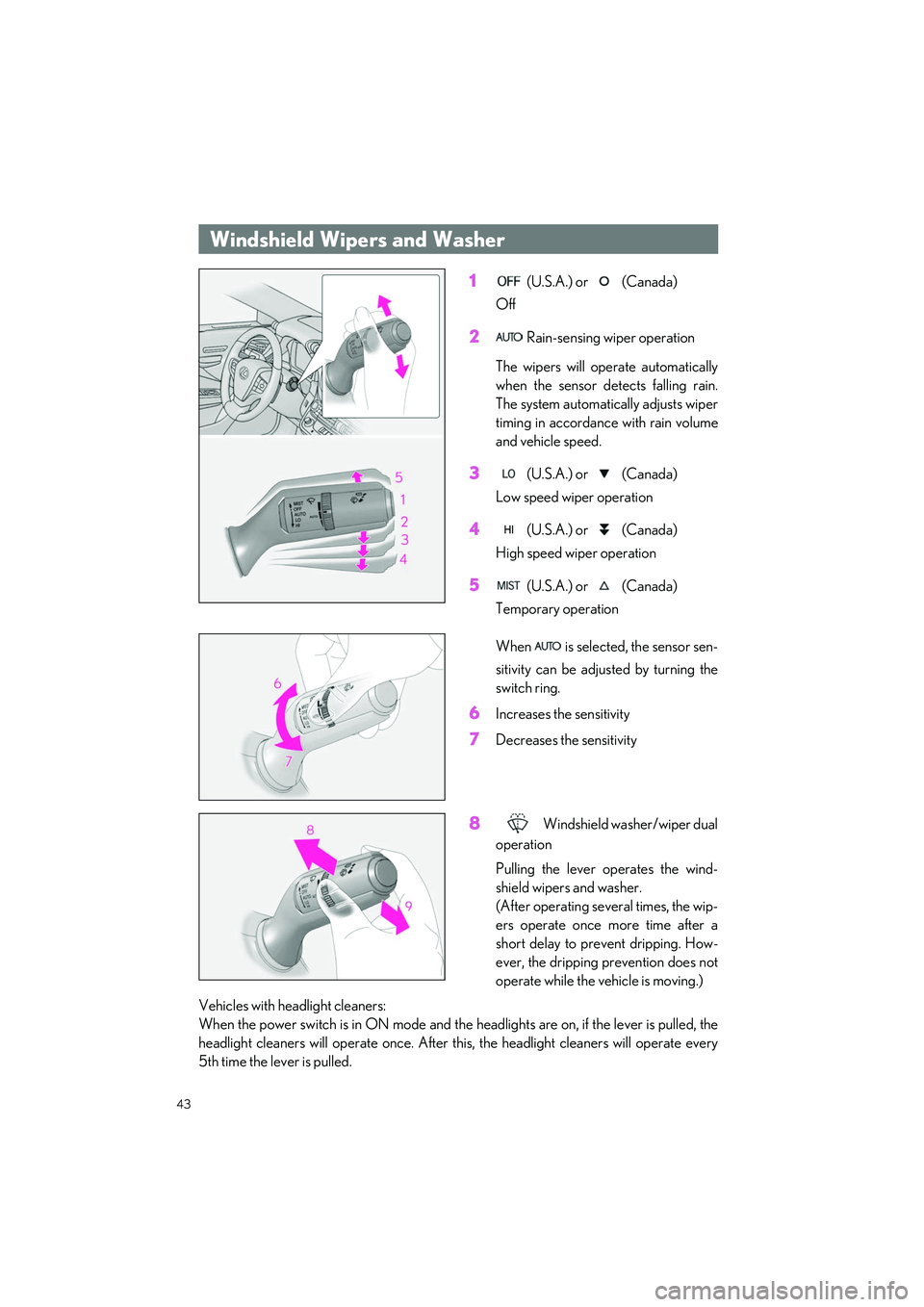 LEXUS LS500H 2021 Owners Manual 43
LS500h_QG_U
1 (U.S.A.) or (Canada)
Off
2 Rain-sensing wiper operation
The wipers will operate automatically
when the sensor de tects falling rain.
The system automatically adjusts wiper
timing in LEXUS LS500H 2021 Owners Manual 43
LS500h_QG_U
1 (U.S.A.) or (Canada)
Off
2 Rain-sensing wiper operation
The wipers will operate automatically
when the sensor de tects falling rain.
The system automatically adjusts wiper
timing in