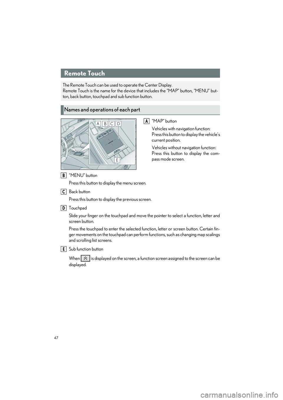 LEXUS LS500H 2021  Owners Manual 47
LS500h_QG_U
“MAP” button
Vehicles with navigation function:
Press this button to display the vehicle’s
current position.
Vehicles without navigation function:
Press this button to display the