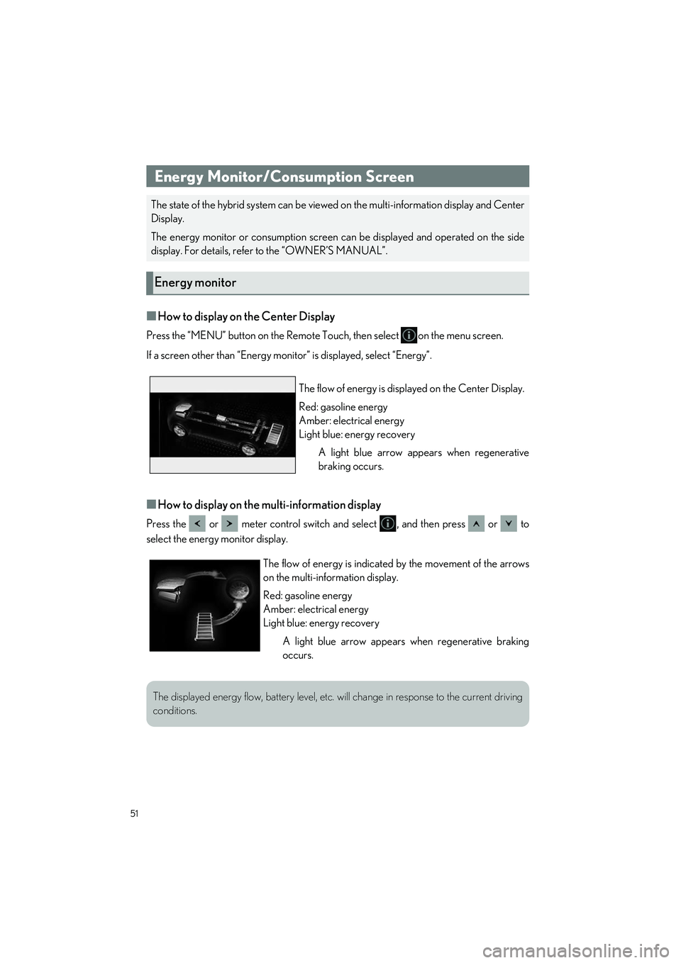 LEXUS LS500H 2021 Owners Manual 51
LS500h_QG_U
■How to display on the Center Display
Press the “MENU” button on the Remote Touch, then select on the menu screen.
If a screen other than “Energy monitor” is disp layed, sele LEXUS LS500H 2021 Owners Manual 51
LS500h_QG_U
■How to display on the Center Display
Press the “MENU” button on the Remote Touch, then select on the menu screen.
If a screen other than “Energy monitor” is disp layed, sele