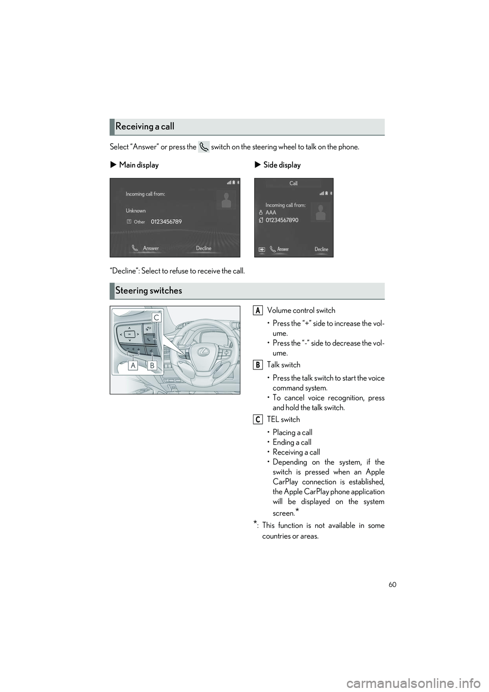 LEXUS LS500H 2021 Owners Guide 60
LS500h_QG_U
Select “Answer” or press the switch on the steering wheel to talk on the phone.
“Decline”: Select to refuse to receive the call.Volume control switch
• Press the “+” sid LEXUS LS500H 2021 Owners Guide 60
LS500h_QG_U
Select “Answer” or press the switch on the steering wheel to talk on the phone.
“Decline”: Select to refuse to receive the call.Volume control switch
• Press the “+” sid