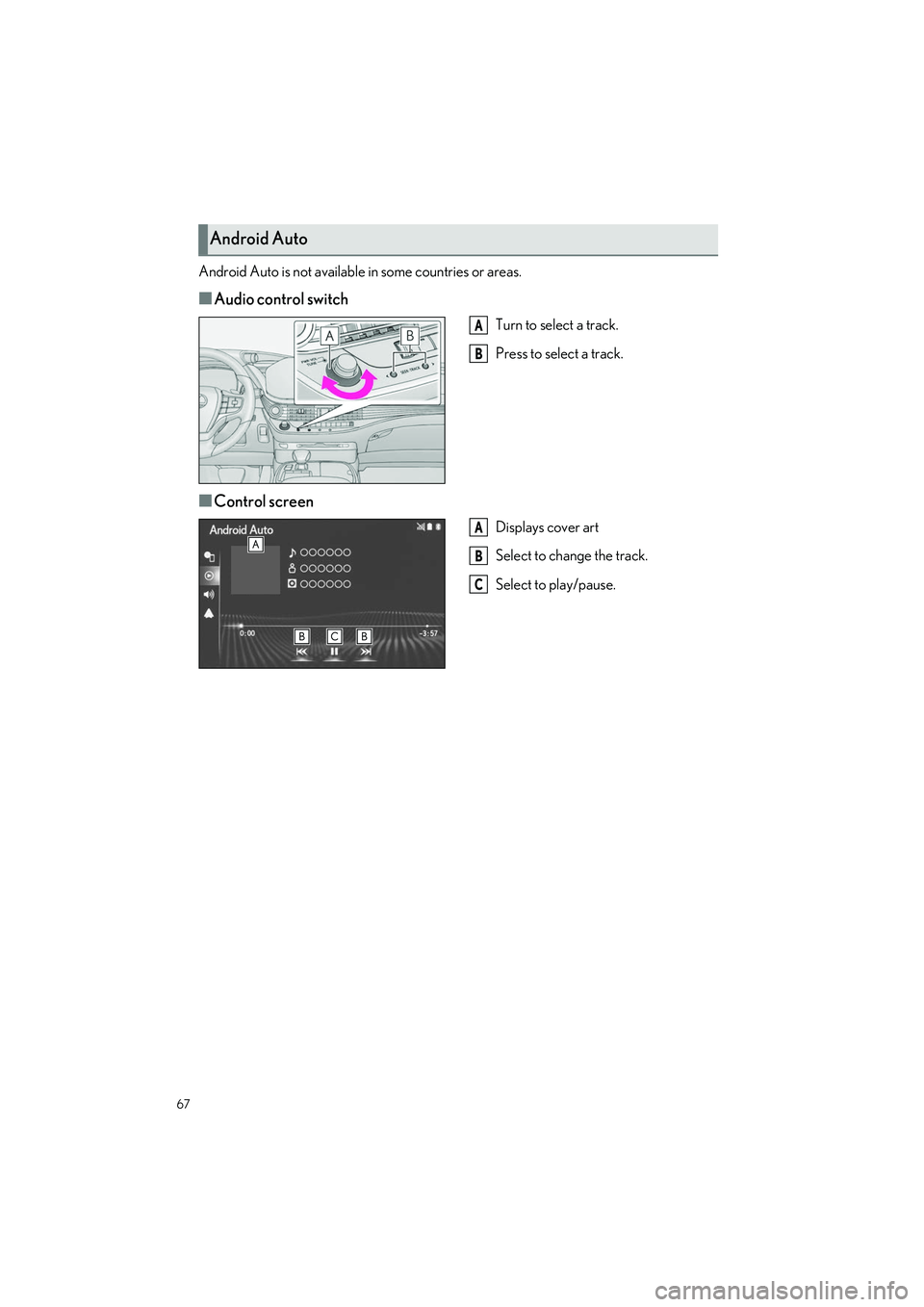 LEXUS LS500H 2021 Repair Manual 67
LS500h_QG_U
Android Auto is not available in some countries or areas.
■Audio control switch
Turn to select a track.
Press to select a track.
■Control screen
Displays cover art
Select to change 