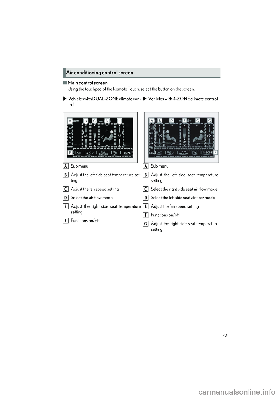 LEXUS LS500H 2021 Manual PDF 70
LS500h_QG_U
■Main control screen
Using the touchpad of the Remote Touch, select the button on the screen.
Air conditioning control screen
Vehicles with DUAL-ZONE climate con-
trol
Vehicles LEXUS LS500H 2021 Manual PDF 70
LS500h_QG_U
■Main control screen
Using the touchpad of the Remote Touch, select the button on the screen.
Air conditioning control screen
Vehicles with DUAL-ZONE climate con-
trol
Vehicles