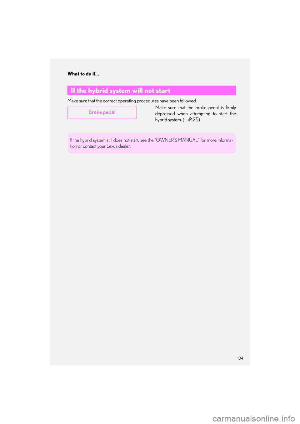 LEXUS LS500H 2022  Owners Manual 104
What to do if...
LS500h_QG_U
Make sure that the correct operating procedur es have been followed.
Make sure that the brake pedal is firmly
depressed when attempting to start the
hybrid system. ( 