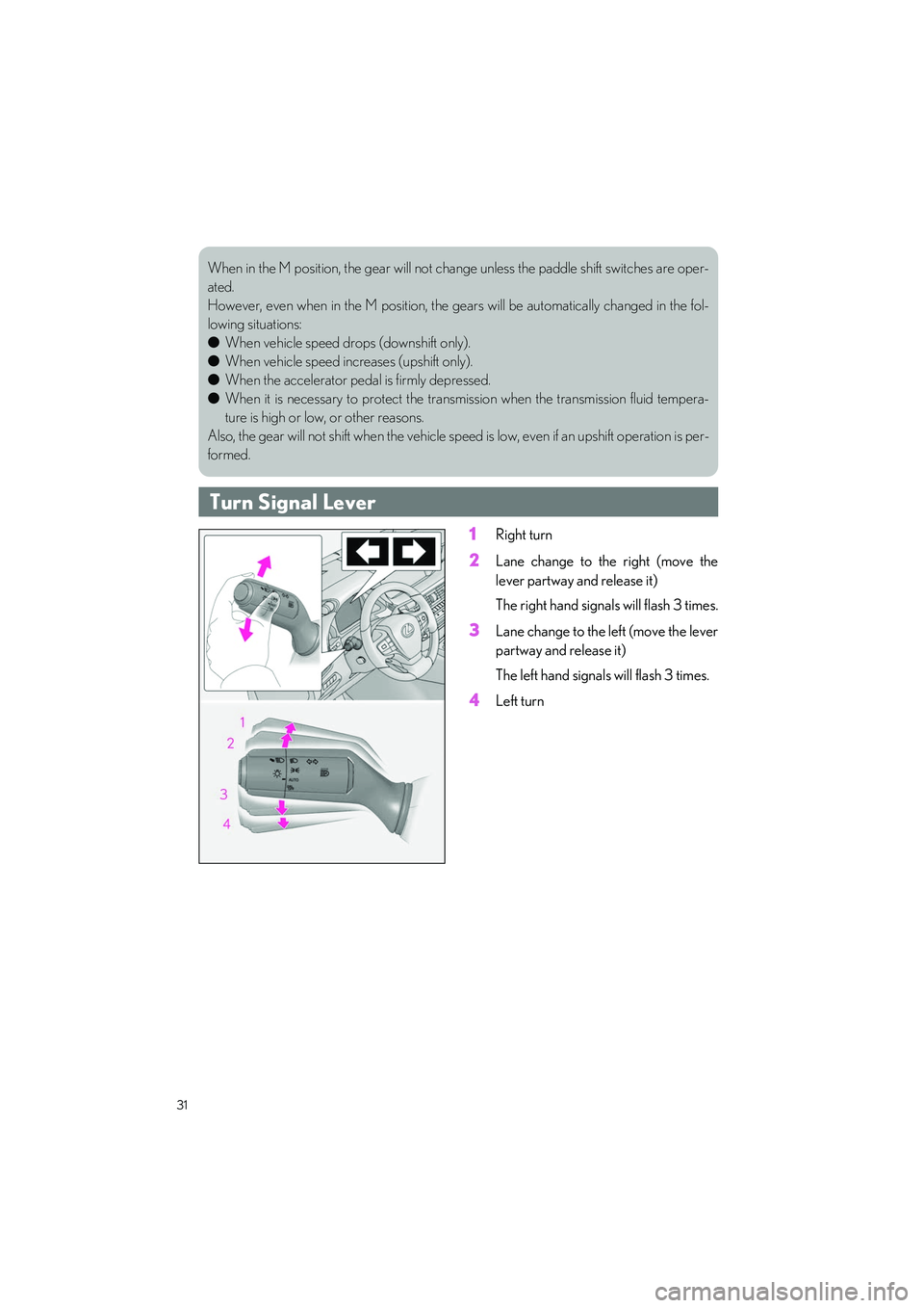 LEXUS LS500H 2022 Owners Guide 31
LS500h_QG_U
1Right turn
2Lane change to the right (move the
lever partway and release it)
The right hand signal s will flash 3 times.
3Lane change to the left (move the lever
partway and release it