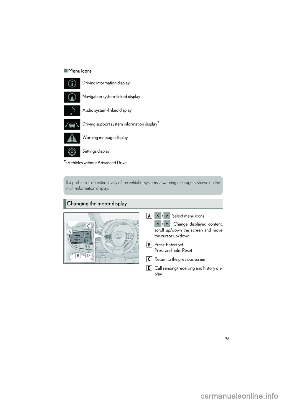 LEXUS LS500H 2022  Owners Manual 36
LS500h_QG_U
■Menu icons
*: Vehicles without Advanced Drive/ : Select menu icons
/ : Change displayed content,
scroll up/down the screen and move
the cursor up/down
Press: Enter/Set
Press and hold