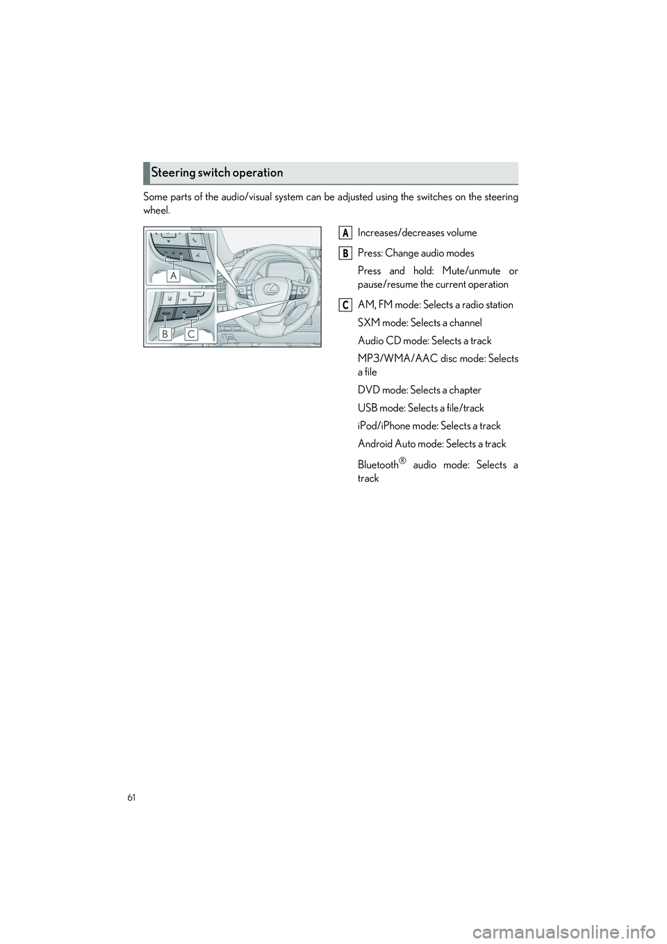 LEXUS LS500H 2022  Owners Manual 61
LS500h_QG_U
Some parts of the audio/visual system can be adjusted using the switches on the steering
wheel.
Increases/decreases volume
Press: Change audio modes
Press and hold: Mute/unmute or
pause