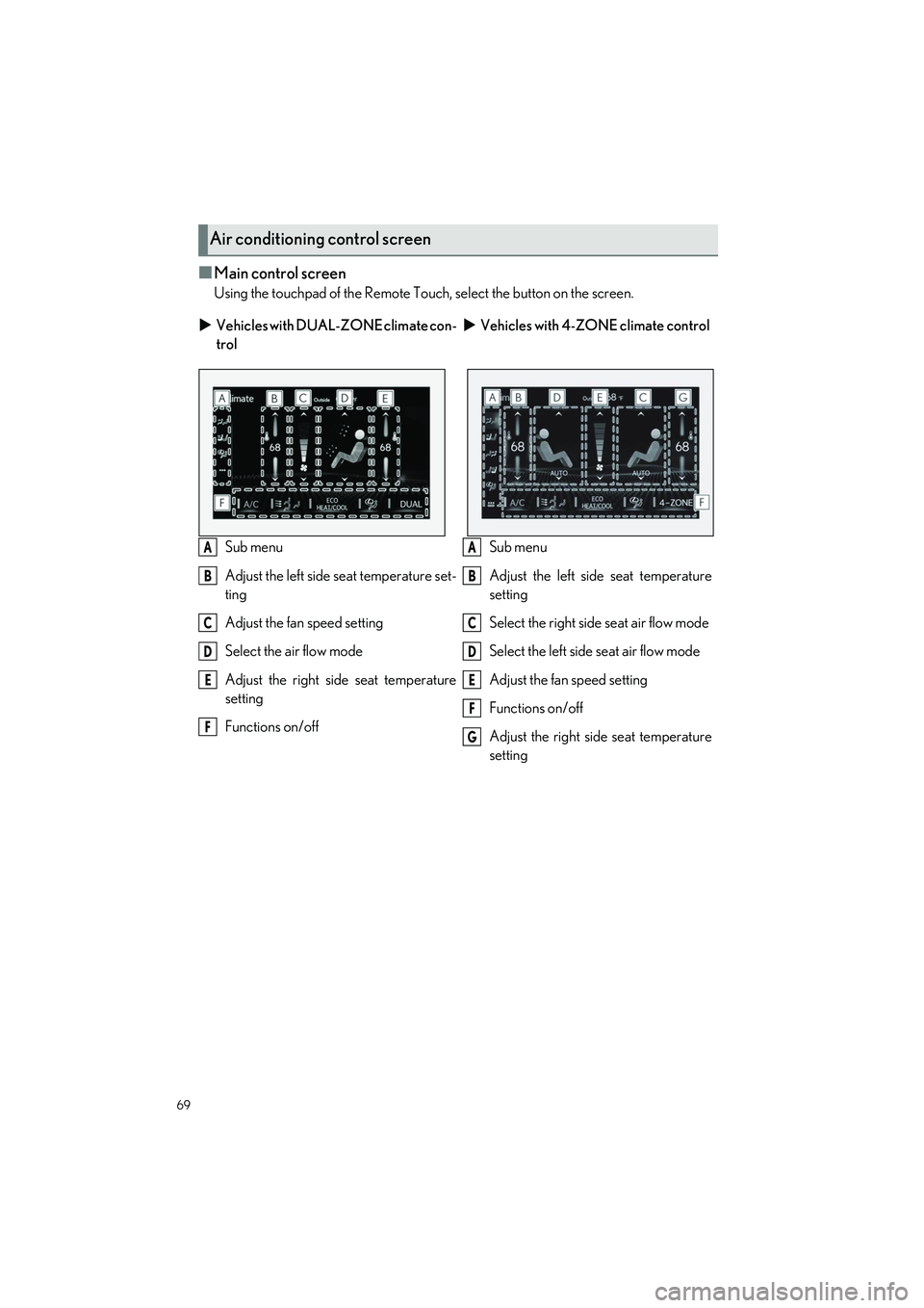 LEXUS LS500H 2022  Owners Manual 69
LS500h_QG_U
■Main control screen
Using the touchpad of the Remote Touch, select the button on the screen.
Air conditioning control screen
Vehicles with DUAL-ZONE climate con-
trol 
Vehicles