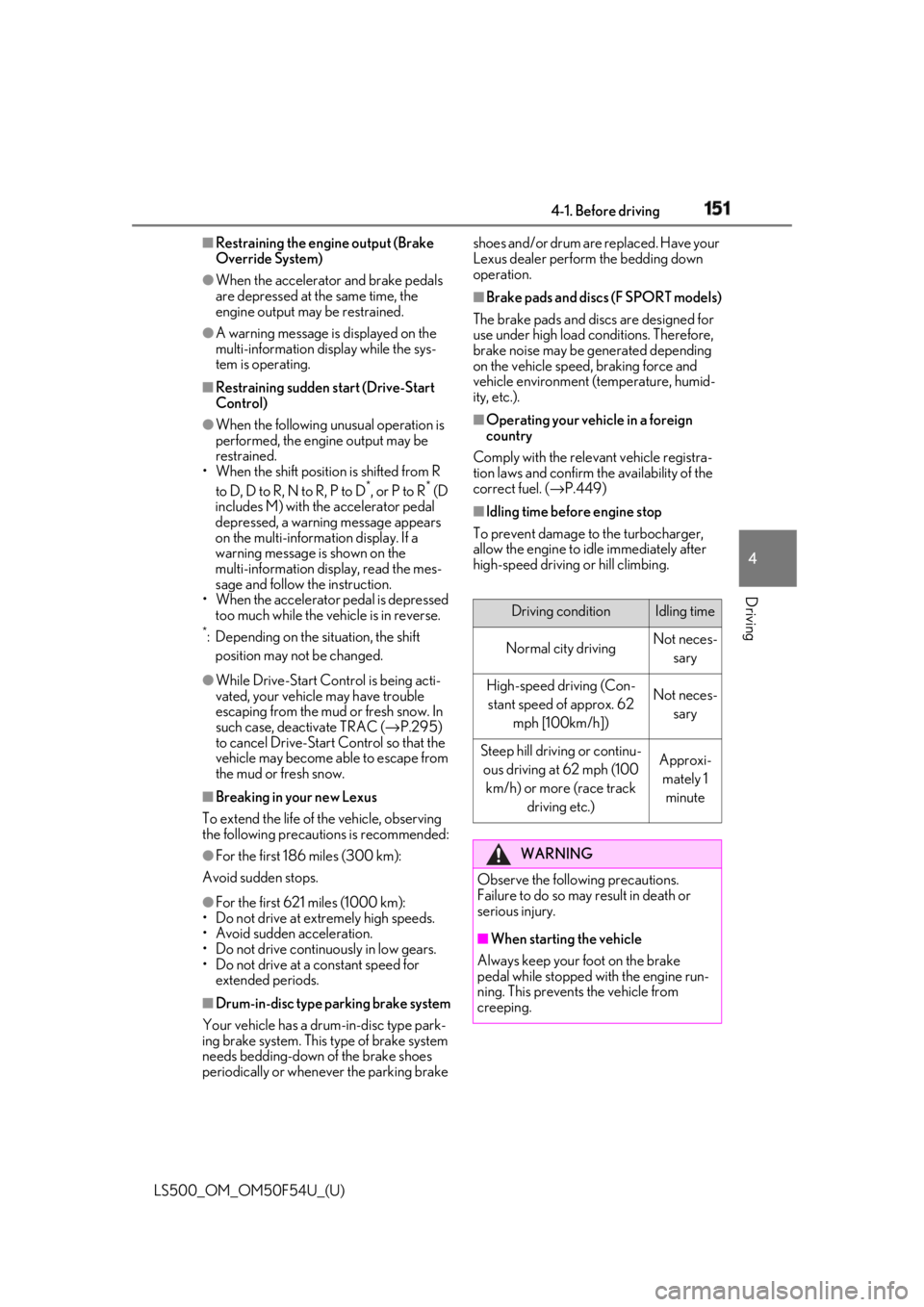 LEXUS LS500 2018 Owners Manual 1514-1. Before driving
LS500_OM_OM50F54U_(U) 4
Driving ■
Restraining the engi ne output (Brake
Override System)●
When the accelerator and brake pedals
are depressed at the same time, the
engine LEXUS LS500 2018 Owners Manual 1514-1. Before driving
LS500_OM_OM50F54U_(U) 4
Driving ■
Restraining the engi ne output (Brake
Override System)●
When the accelerator and brake pedals
are depressed at the same time, the
engine