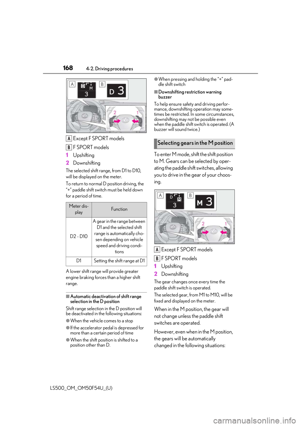 LEXUS LS500 2018  Owners Manual 168 4-2. Driving procedures
LS500_OM_OM50F54U_(U) Except F SPORT models
F SPORT models
1 Upshifting
2 DownshiftingThe selected shift rang e, from D1 to D10, 
will be displayed on the meter.
To return 