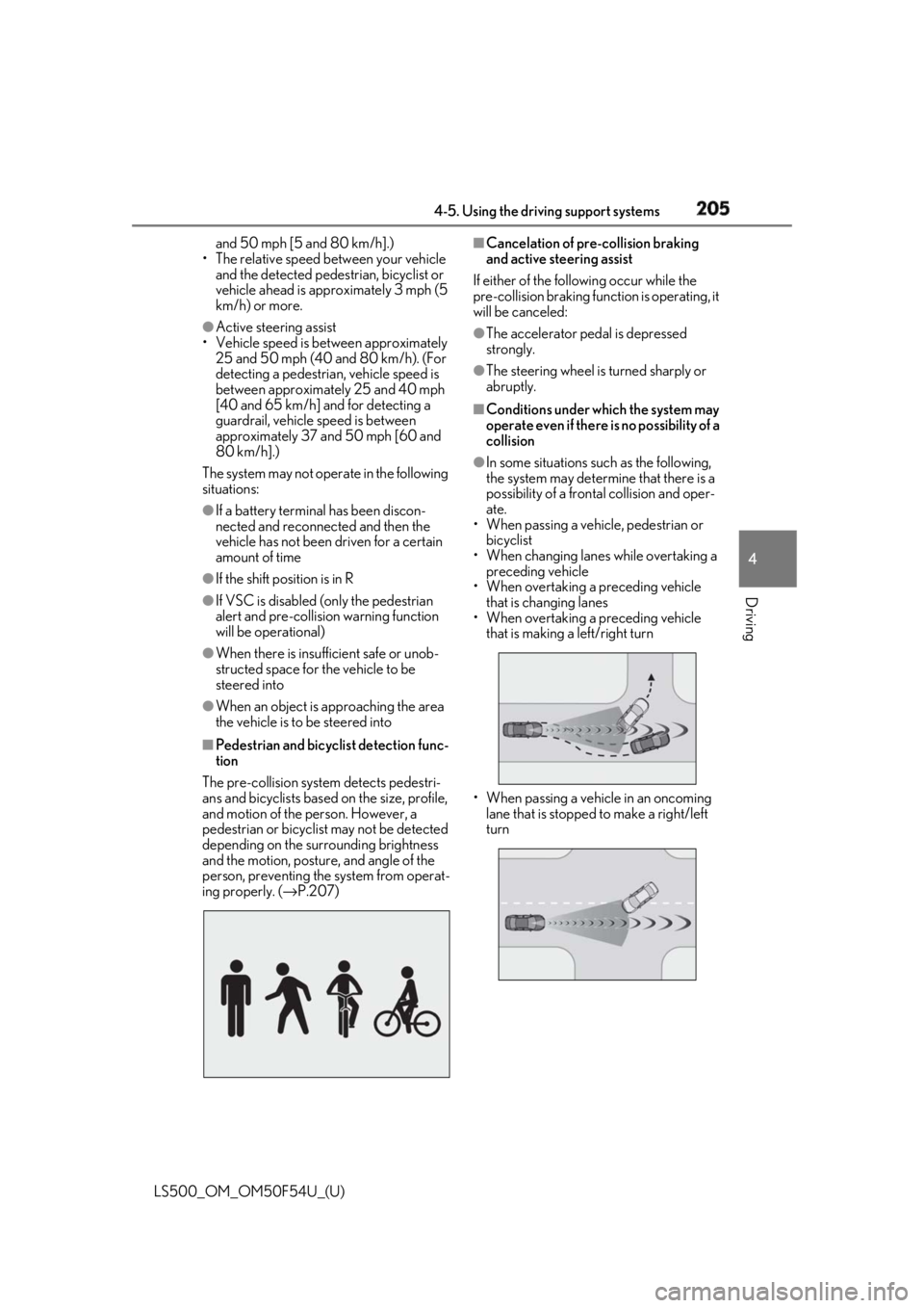 LEXUS LS500 2018  Owners Manual 2054-5. Using the driving support systems
LS500_OM_OM50F54U_(U) 4
Driving and 50 mph [5 and 80 km/h].)
• The relative speed between your vehicle 
and the detected pedestrian, bicyclist or 
vehicle a
