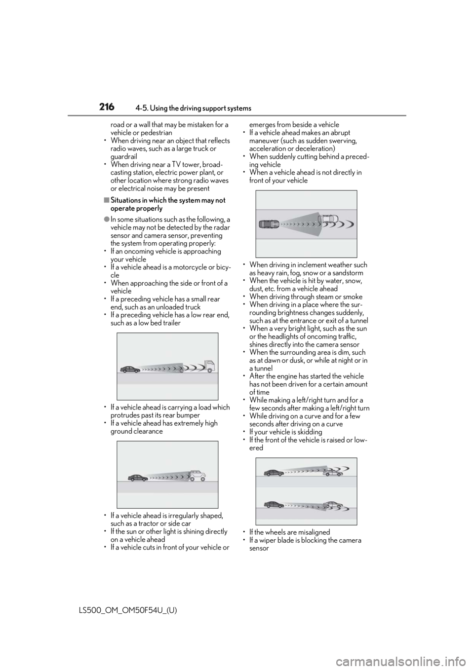 LEXUS LS500 2018 Owners Manual 216 4-5. Using the driving support systems
LS500_OM_OM50F54U_(U) road or a wall that may be mistaken for a
vehicle or pedestrian
• When driving near an object that reflects
radio waves, such as a LEXUS LS500 2018 Owners Manual 216 4-5. Using the driving support systems
LS500_OM_OM50F54U_(U) road or a wall that may be mistaken for a
vehicle or pedestrian
• When driving near an object that reflects
radio waves, such as a