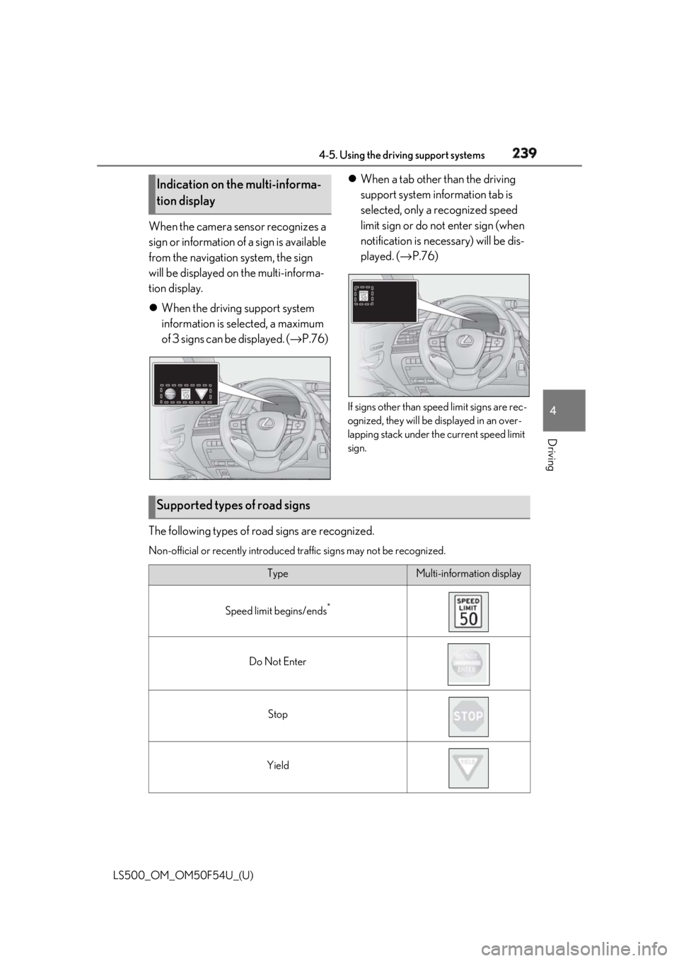 LEXUS LS500 2018 Owners Manual 2394-5. Using the driving support systems
LS500_OM_OM50F54U_(U) 4
Driving When the camera sensor recognizes a
sign or information of a sign is available
from the navigation system, the sign
will be LEXUS LS500 2018 Owners Manual 2394-5. Using the driving support systems
LS500_OM_OM50F54U_(U) 4
Driving When the camera sensor recognizes a
sign or information of a sign is available
from the navigation system, the sign
will be