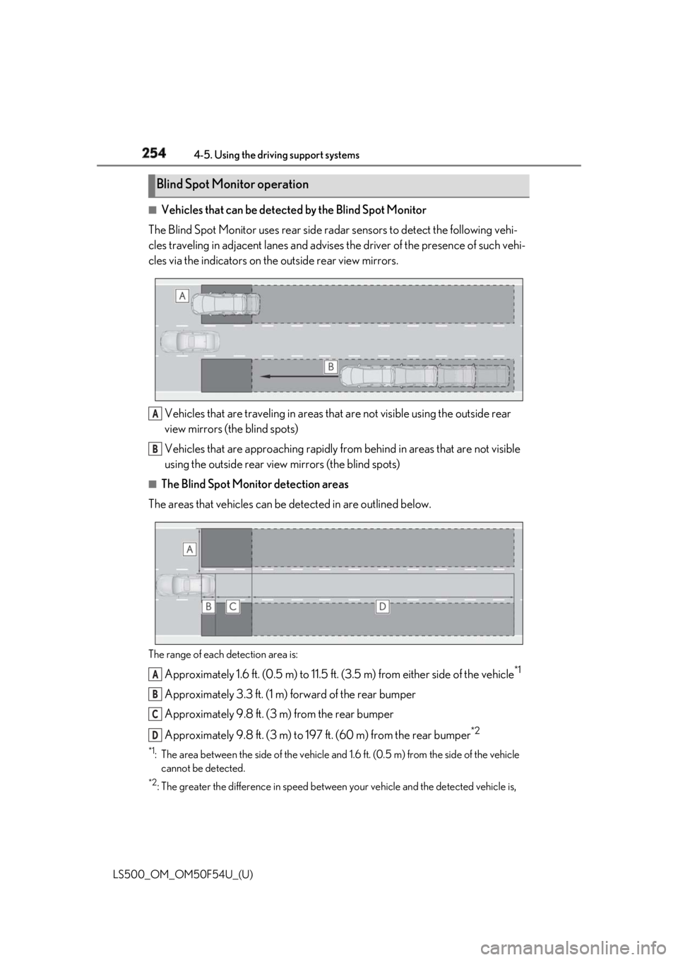 LEXUS LS500 2018  Owners Manual 254 4-5. Using the driving support systems
LS500_OM_OM50F54U_(U) ■
Vehicles that can be detected  by the Blind Spot Monitor
The Blind Spot Monitor uses rear side ra dar sensors to detect the followi