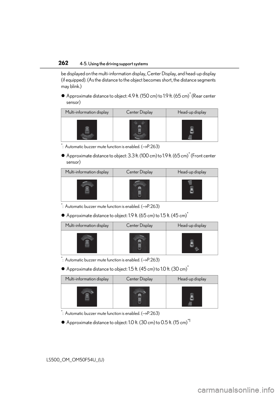 LEXUS LS500 2018  Owners Manual 262 4-5. Using the driving support systems
LS500_OM_OM50F54U_(U) be displayed on the multi-information display, Center Di splay, and head-up display 
(if equipped). (As the distan ce to the object bec