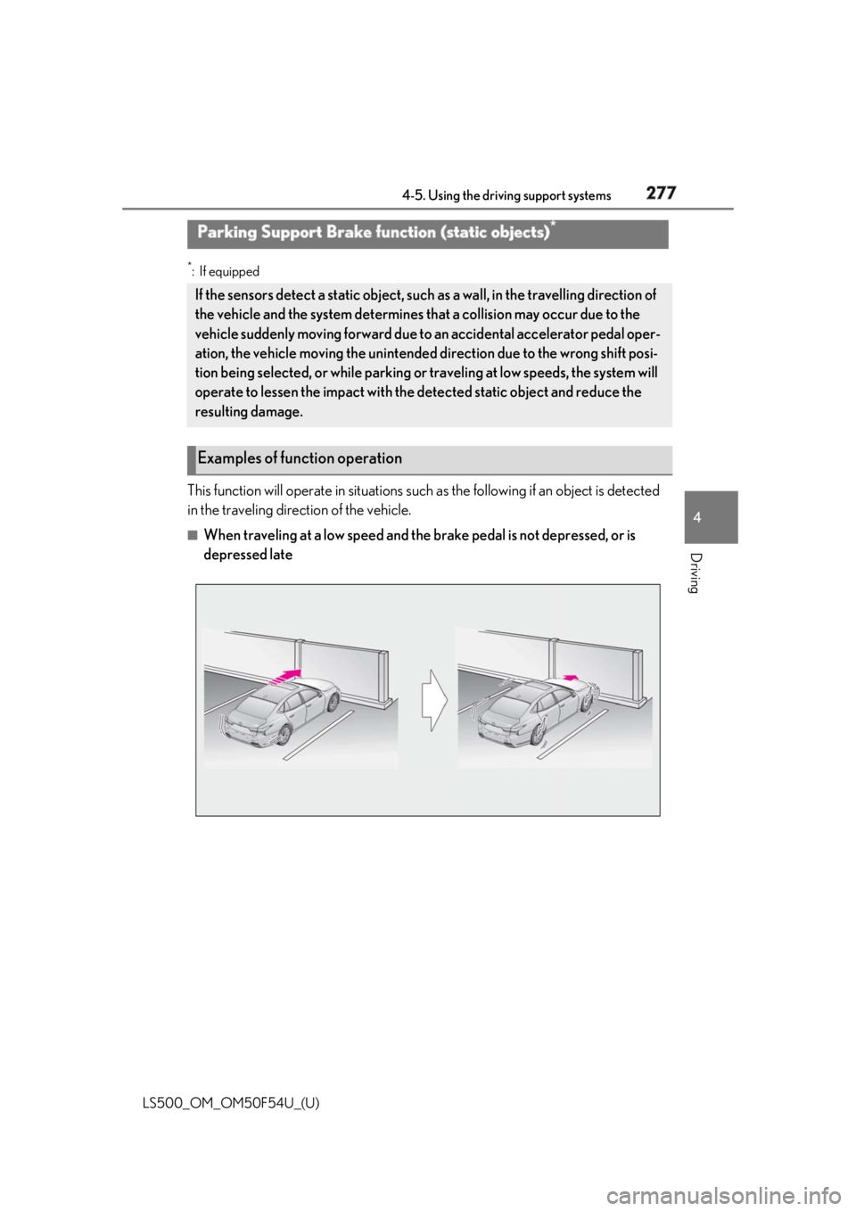 LEXUS LS500 2018  Owners Manual 2774-5. Using the driving support systems
LS500_OM_OM50F54U_(U) 4
Driving *
:If equipped
This function will operate in si tuations such as the following if an object is detected 
in the traveling dire