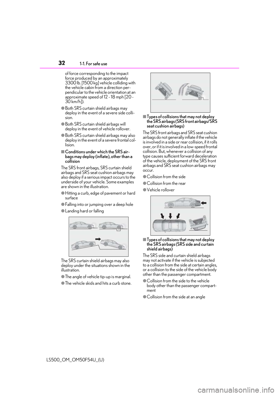 LEXUS LS500 2018 Owners Guide 32 1-1. For safe use
LS500_OM_OM50F54U_(U) of force corresponding to the impact 
force produced by an approximately 
3300 lb. [1500 kg] vehicle colliding with 
the vehicle cabin from a direction per-
