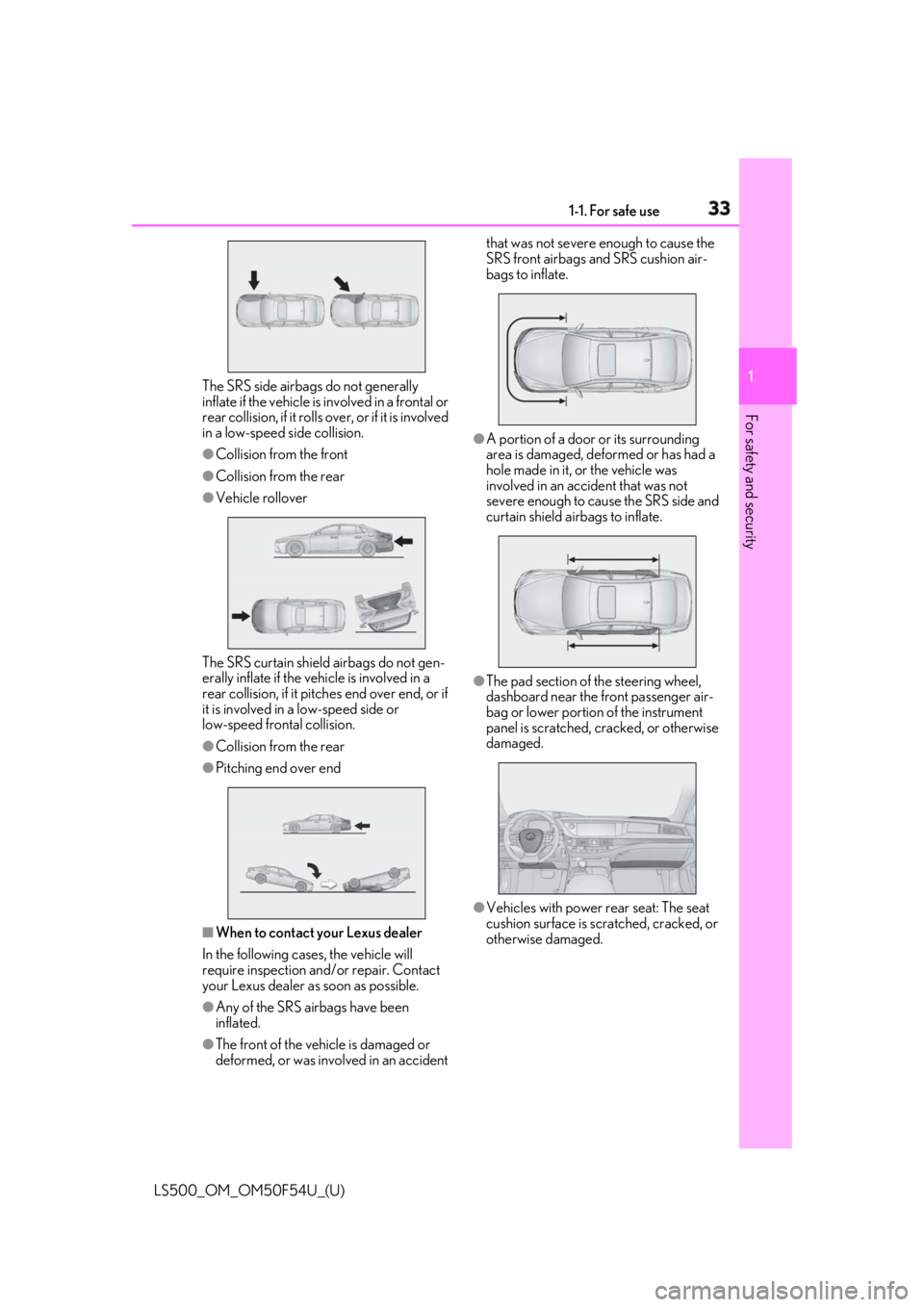 LEXUS LS500 2018 Owners Guide 331-1. For safe use
LS500_OM_OM50F54U_(U) 1
For safety and security The SRS side airbags do not generally 
inflate if the vehicle is involved in a frontal or 
rear collision, if it rolls ov er, or if 