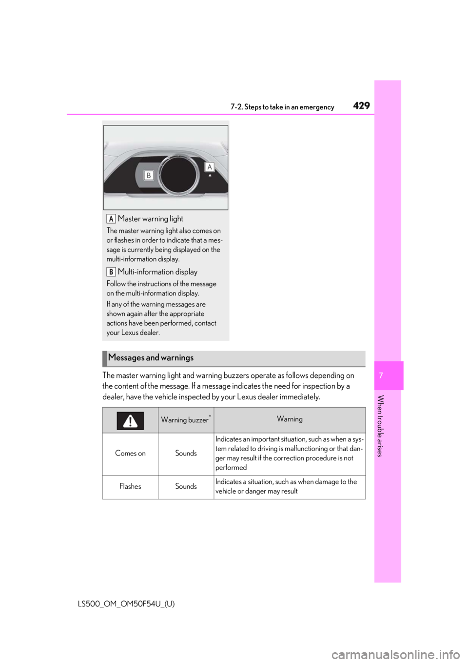 LEXUS LS500 2018 Owners Manual 4297-2. Steps to take in an emergency
LS500_OM_OM50F54U_(U) 7
When trouble arises
The master warning light and warning bu zzers operate as follows depending on
the content of the message. If a messag LEXUS LS500 2018 Owners Manual 4297-2. Steps to take in an emergency
LS500_OM_OM50F54U_(U) 7
When trouble arises
The master warning light and warning bu zzers operate as follows depending on
the content of the message. If a messag