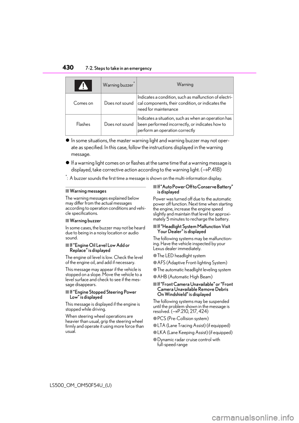 LEXUS LS500 2018 Owners Manual 430 7-2. Steps to take in an emergency
LS500_OM_OM50F54U_(U) In some situations, the master warning light and warning buzzer may not oper-
ate as specified. In this case, follow the instructions LEXUS LS500 2018 Owners Manual 430 7-2. Steps to take in an emergency
LS500_OM_OM50F54U_(U) In some situations, the master warning light and warning buzzer may not oper-
ate as specified. In this case, follow the instructions
