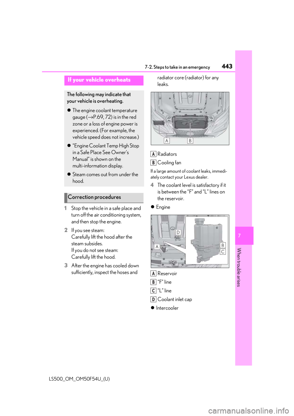 LEXUS LS500 2018 Owners Manual 4437-2. Steps to take in an emergency
LS500_OM_OM50F54U_(U) 7
When trouble arises
1 Stop the vehicle in a safe place and
turn off the air conditioning system,
and then stop the engine.
2 If you see LEXUS LS500 2018 Owners Manual 4437-2. Steps to take in an emergency
LS500_OM_OM50F54U_(U) 7
When trouble arises
1 Stop the vehicle in a safe place and
turn off the air conditioning system,
and then stop the engine.
2 If you see