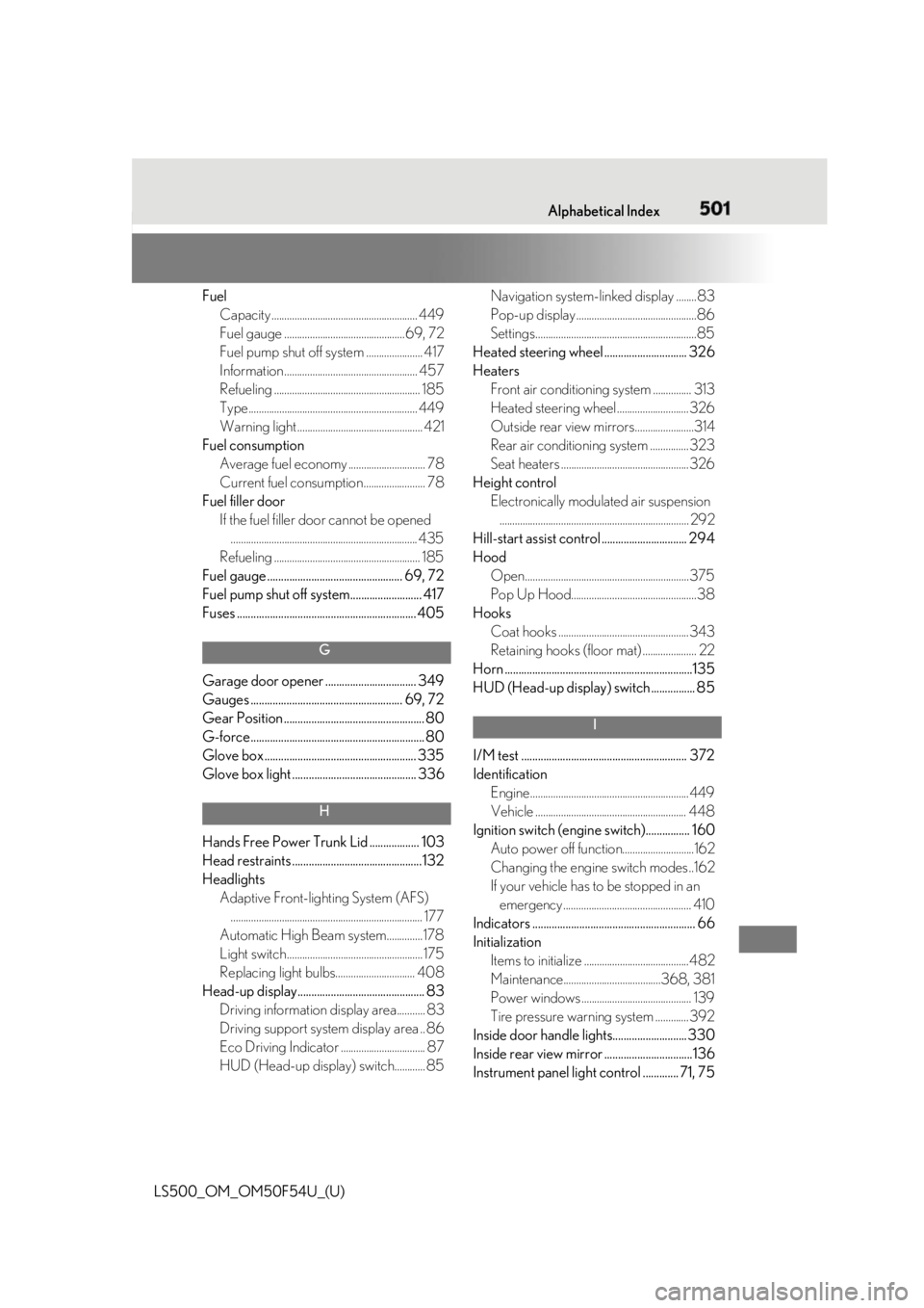 LEXUS LS500 2018 Owners Manual 5011-1. What to do if... (Troubleshooting)
LS500_OM_OM50F54U_(U) 501Alphabetical Index
Fuel
Capacity ......................................................... 449
Fuel gauge .......................... LEXUS LS500 2018 Owners Manual 5011-1. What to do if... (Troubleshooting)
LS500_OM_OM50F54U_(U) 501Alphabetical Index
Fuel
Capacity ......................................................... 449
Fuel gauge ..........................