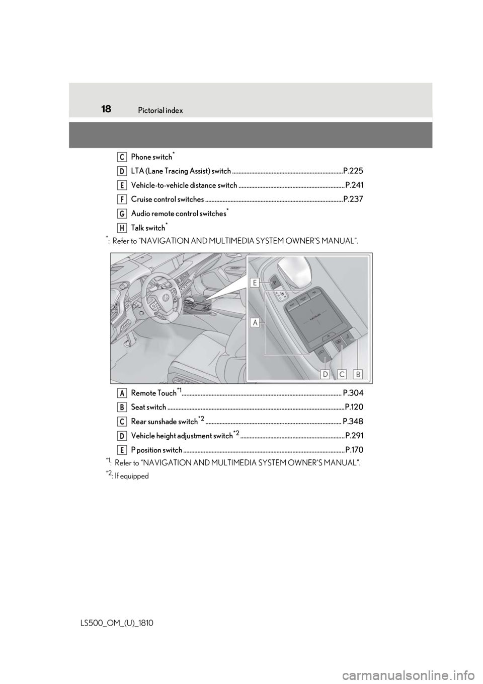 LEXUS LS500 2019 User Guide 18 Pictorial index
LS500_OM_(U)_1810 Phone switch *
LTA (Lane Tracing Assist) switch ......................................................................P.225
Vehicle-to-vehicle distance switch .... LEXUS LS500 2019 User Guide 18 Pictorial index
LS500_OM_(U)_1810 Phone switch *
LTA (Lane Tracing Assist) switch ......................................................................P.225
Vehicle-to-vehicle distance switch ....