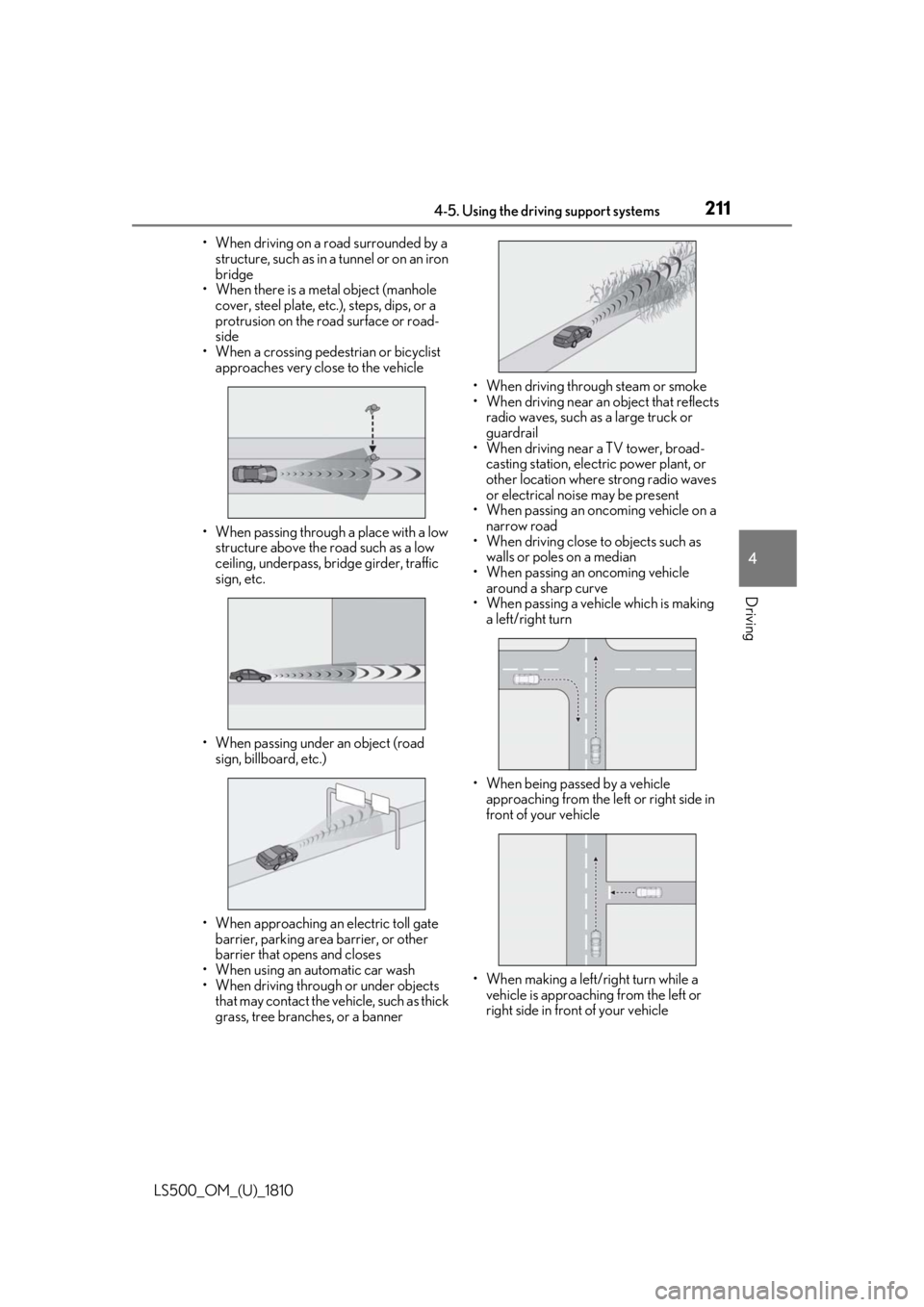 LEXUS LS500 2019  Owners Manual 2114-5. Using the driving support systems
LS500_OM_(U)_1810 4
Driving • When driving on a road surrounded by a 
structure, such as in a tunnel or on an iron 
bridge
• When there is a metal object 