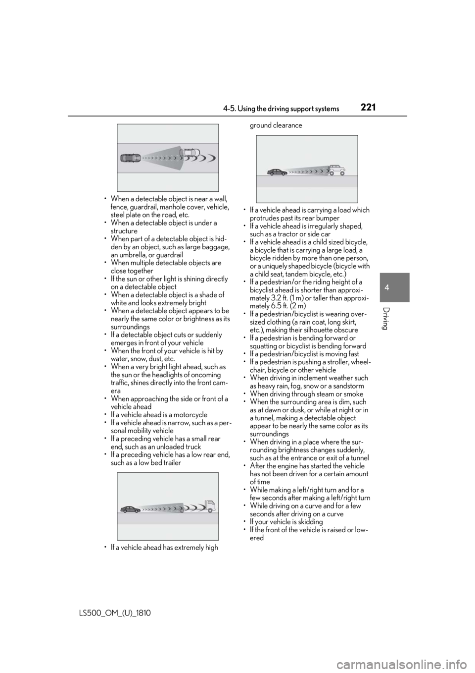 LEXUS LS500 2019  Owners Manual 2214-5. Using the driving support systems
LS500_OM_(U)_1810 4
Driving • When a detectable object is near a wall, 
fence, guardrail, manhole cover, vehicle, 
steel plate on the road, etc.
• When a 