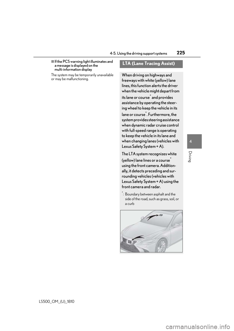 LEXUS LS500 2019  Owners Manual 2254-5. Using the driving support systems
LS500_OM_(U)_1810 4
Driving ■
If the PCS warning light illuminates and 
a message is displayed on the 
multi-information display
The system may be temporari