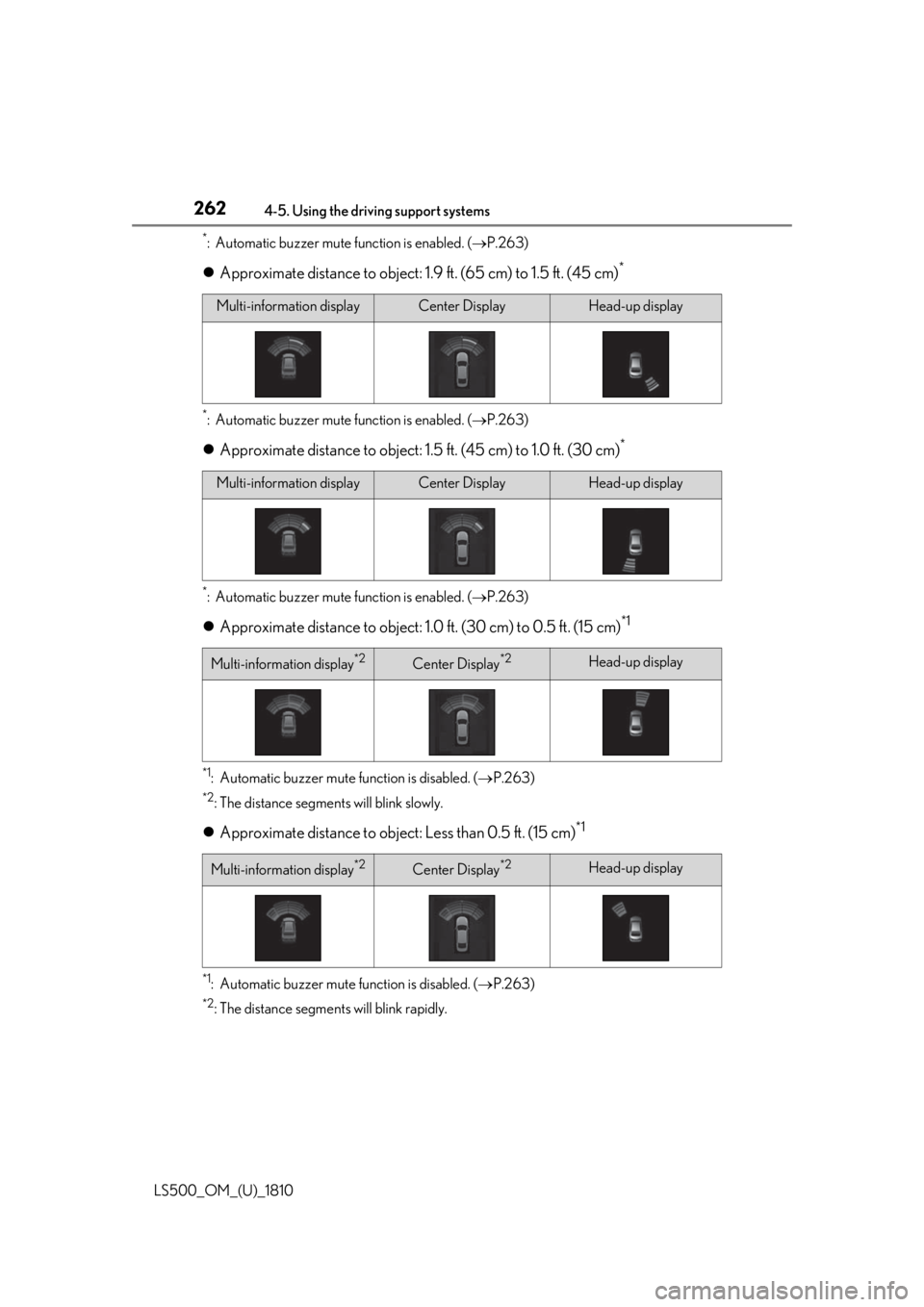 LEXUS LS500 2019  Owners Manual 262 4-5. Using the driving support systems
LS500_OM_(U)_1810 *
: Automatic buzzer mute function is enabled. (  P.263)
 Approximate distance to object: 1. 9 ft. (65 cm) to 1.5 ft. (45 cm) *
*
: A