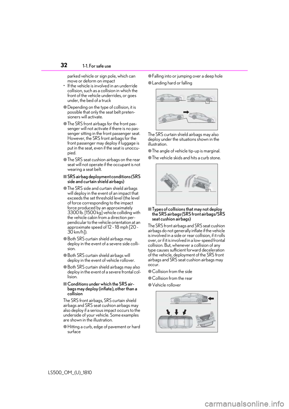 LEXUS LS500 2019 Owners Guide 32 1-1. For safe use
LS500_OM_(U)_1810 parked vehicle or sign pole, which can
move or deform on impact
• If the vehicle is involved in an underride
collision, such as a collision in which the
fro LEXUS LS500 2019 Owners Guide 32 1-1. For safe use
LS500_OM_(U)_1810 parked vehicle or sign pole, which can
move or deform on impact
• If the vehicle is involved in an underride
collision, such as a collision in which the
fro