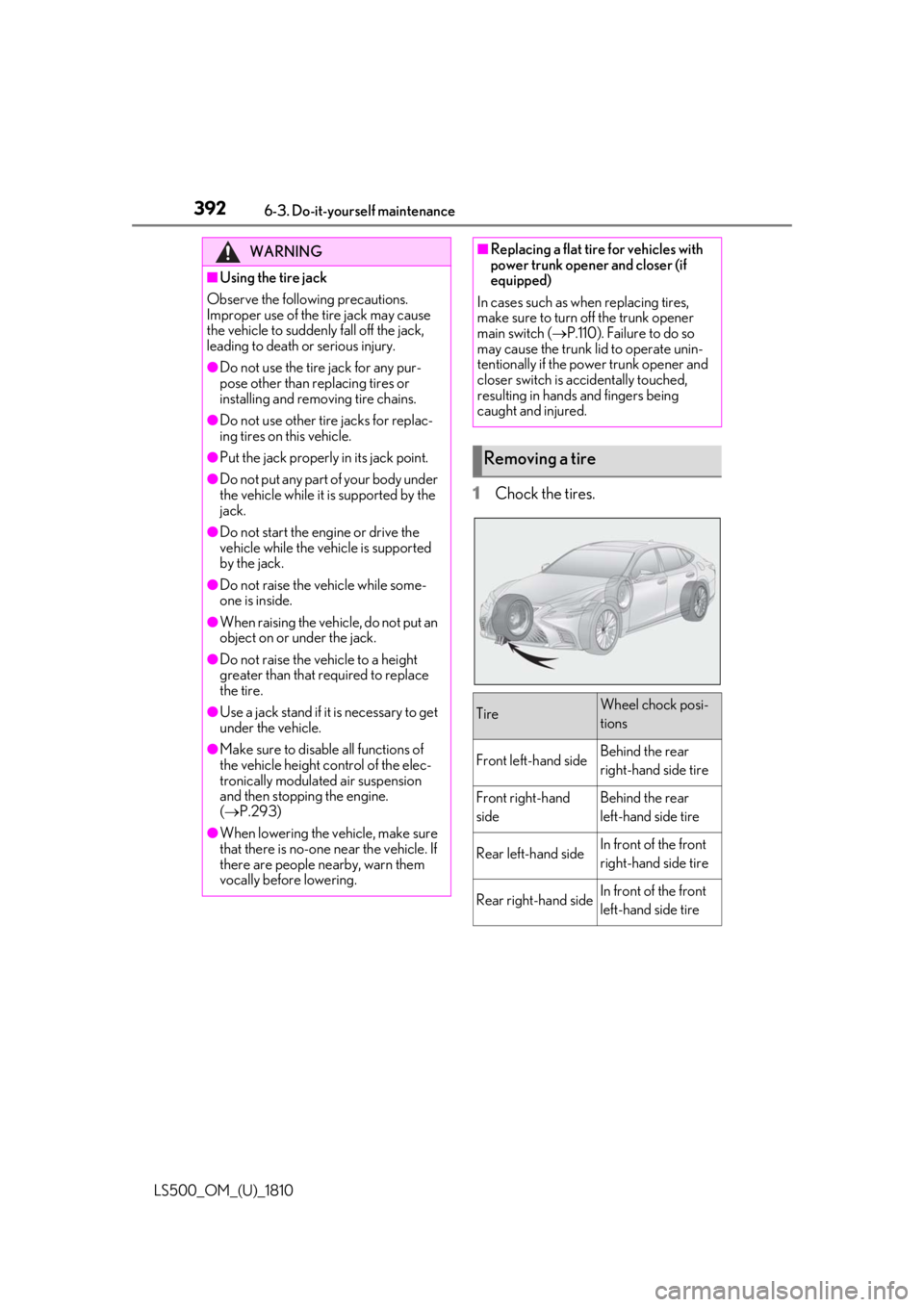 LEXUS LS500 2019 Owners Manual 392 6-3. Do-it-yourself maintenance
LS500_OM_(U)_1810 1 Chock the tires.WARNING■
Using the tire jack
Observe the following precautions.
Improper use of the tire jack may cause
the vehicle to sudden LEXUS LS500 2019 Owners Manual 392 6-3. Do-it-yourself maintenance
LS500_OM_(U)_1810 1 Chock the tires.WARNING■
Using the tire jack
Observe the following precautions.
Improper use of the tire jack may cause
the vehicle to sudden
