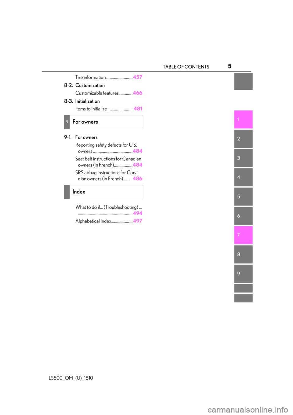 LEXUS LS500 2019  Owners Manual 5TABLE OF CONTENTS
LS500_OM_(U)_1810 1
2
3
4
5
6
7
8
9Tire information............................. 457
8-2. Customization
Customizable features............... 466
8-3. Initialization
Items to initial