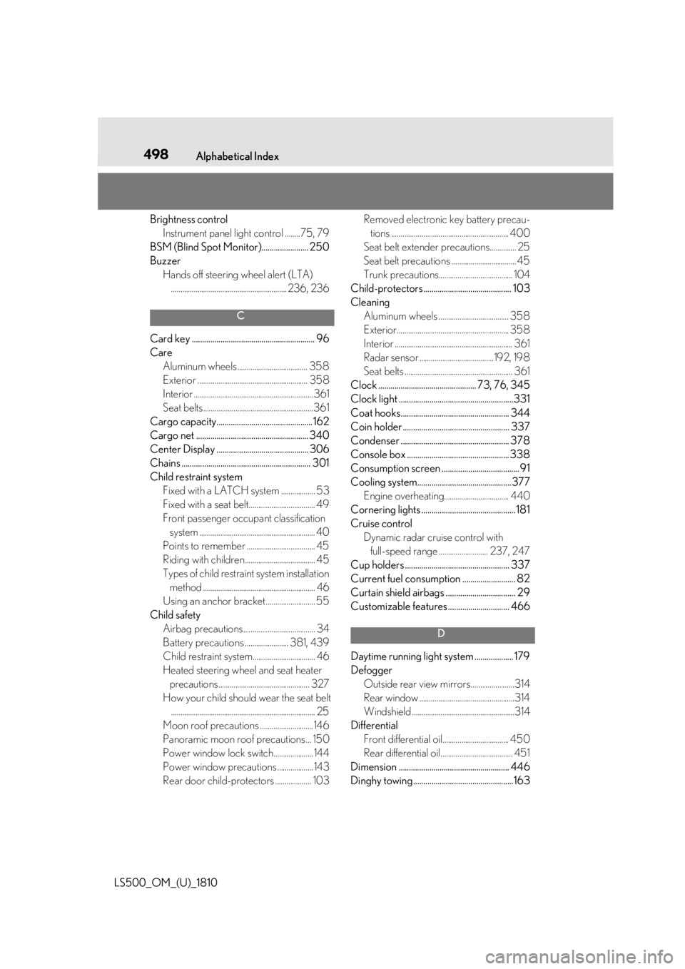 LEXUS LS500 2019 Owners Manual 498 Alphabetical Index
LS500_OM_(U)_1810 Brightness control
Instrument panel light control ........75, 79
BSM (Blind Spot Monitor)....................... 250
Buzzer
Hands off steering wheel alert (LT LEXUS LS500 2019 Owners Manual 498 Alphabetical Index
LS500_OM_(U)_1810 Brightness control
Instrument panel light control ........75, 79
BSM (Blind Spot Monitor)....................... 250
Buzzer
Hands off steering wheel alert (LT