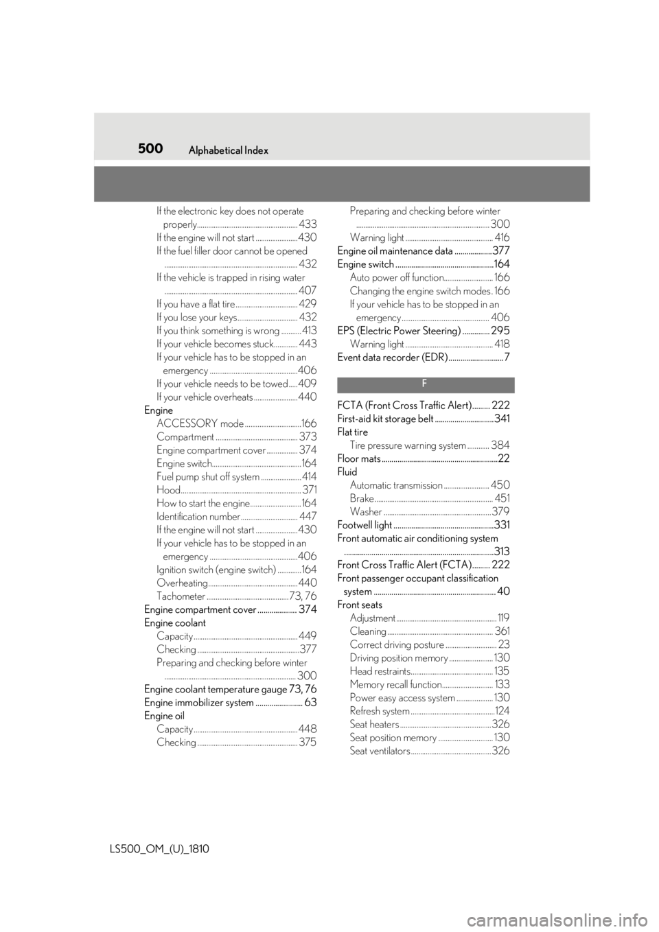 LEXUS LS500 2019 Owners Manual 500 Alphabetical Index
LS500_OM_(U)_1810 If the electronic key does not operate
properly....................................................... 433
If the engine will not start ...................... LEXUS LS500 2019 Owners Manual 500 Alphabetical Index
LS500_OM_(U)_1810 If the electronic key does not operate
properly....................................................... 433
If the engine will not start ......................
