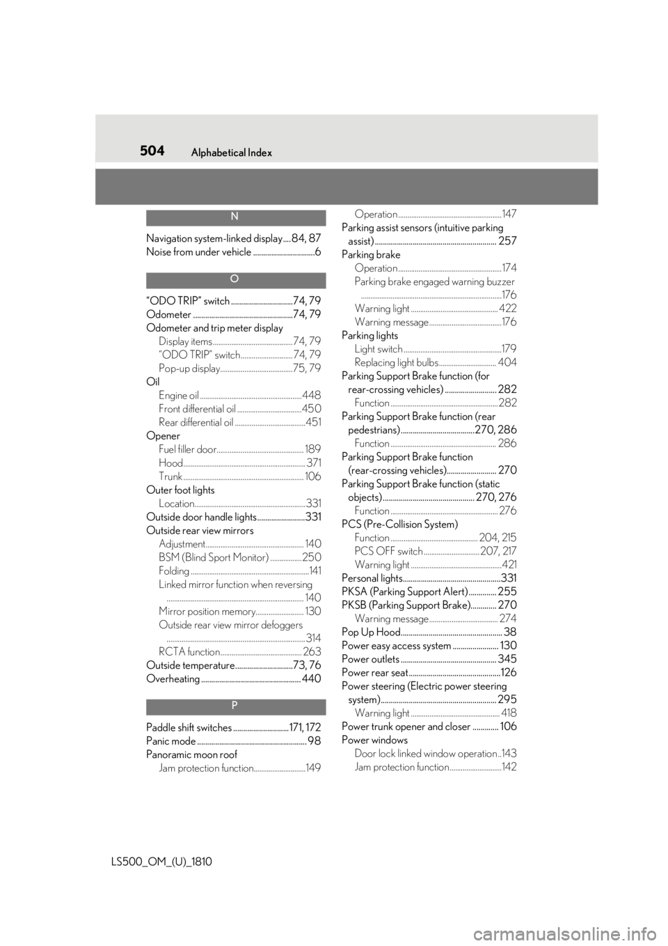 LEXUS LS500 2019 Owners Manual 504 Alphabetical Index
LS500_OM_(U)_1810 N
Navigation system-linked display.... 84, 87
Noise from under vehicle ...............................6 O
“ODO TRIP” switch ............................... LEXUS LS500 2019 Owners Manual 504 Alphabetical Index
LS500_OM_(U)_1810 N
Navigation system-linked display.... 84, 87
Noise from under vehicle ...............................6 O
“ODO TRIP” switch ...............................