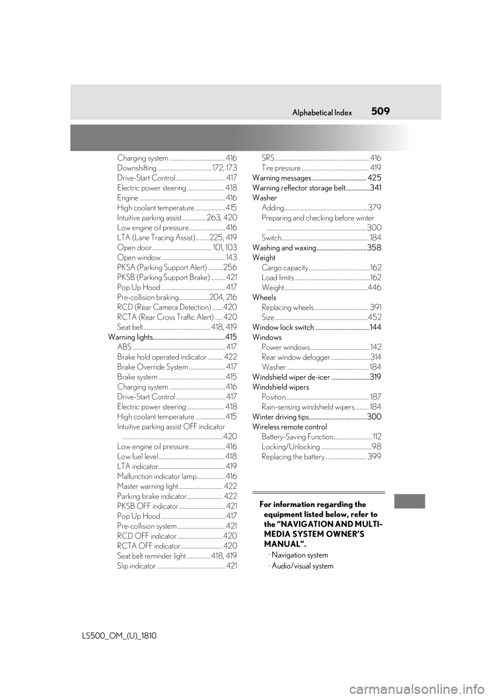LEXUS LS500 2019 Owners Manual 5091-1. What to do if... (Troubleshooting)
LS500_OM_(U)_1810 509Alphabetical Index
Charging system .........................................416
Downshifting ........................................ 17 LEXUS LS500 2019 Owners Manual 5091-1. What to do if... (Troubleshooting)
LS500_OM_(U)_1810 509Alphabetical Index
Charging system .........................................416
Downshifting ........................................ 17