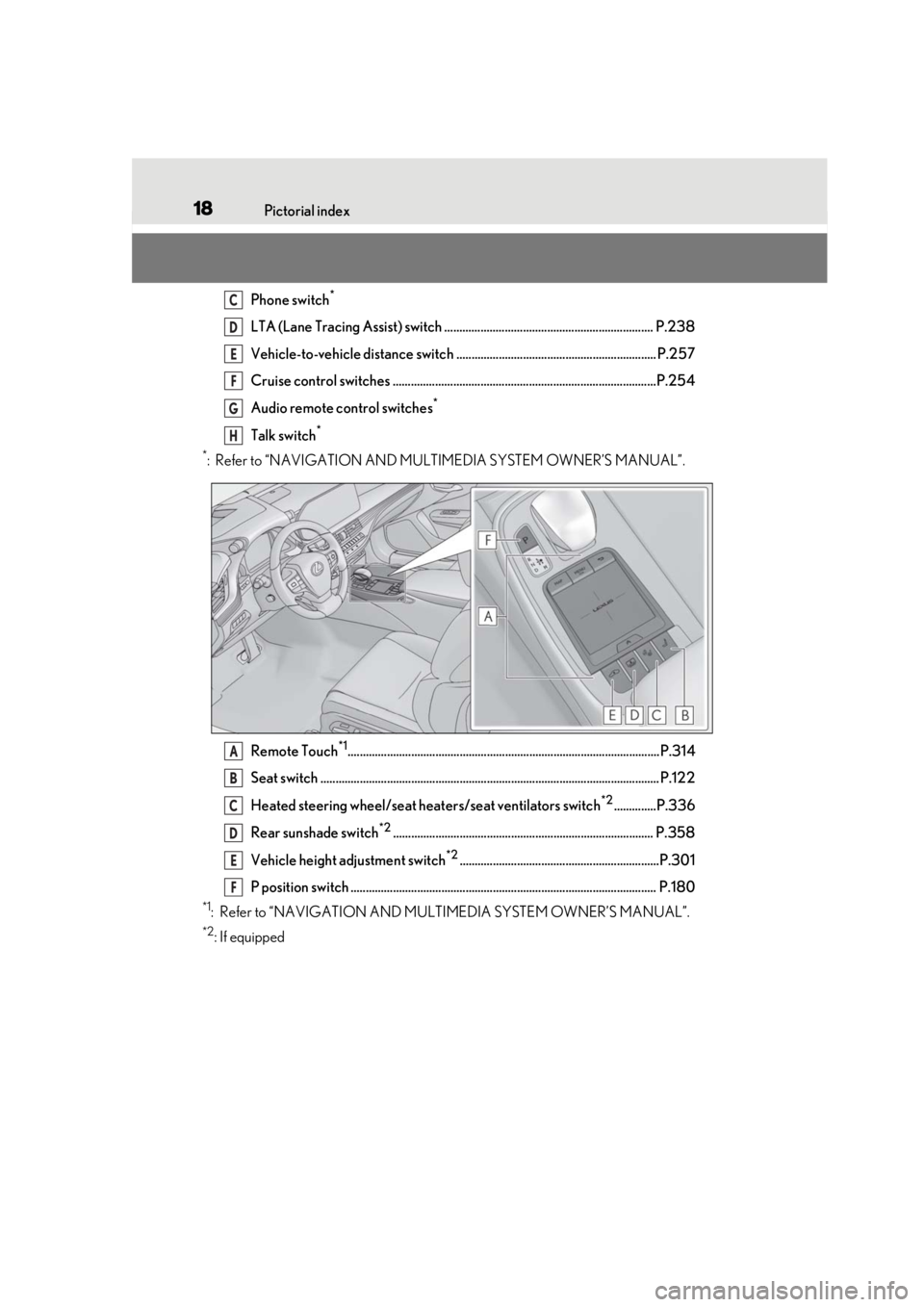 LEXUS LS500 2021 User Guide 18Pictorial index
Phone switch*
LTA (Lane Tracing Assist) switch ..................................................................... P.238
Vehicle-to-vehicle distance switch ........................ LEXUS LS500 2021 User Guide 18Pictorial index
Phone switch*
LTA (Lane Tracing Assist) switch ..................................................................... P.238
Vehicle-to-vehicle distance switch ........................