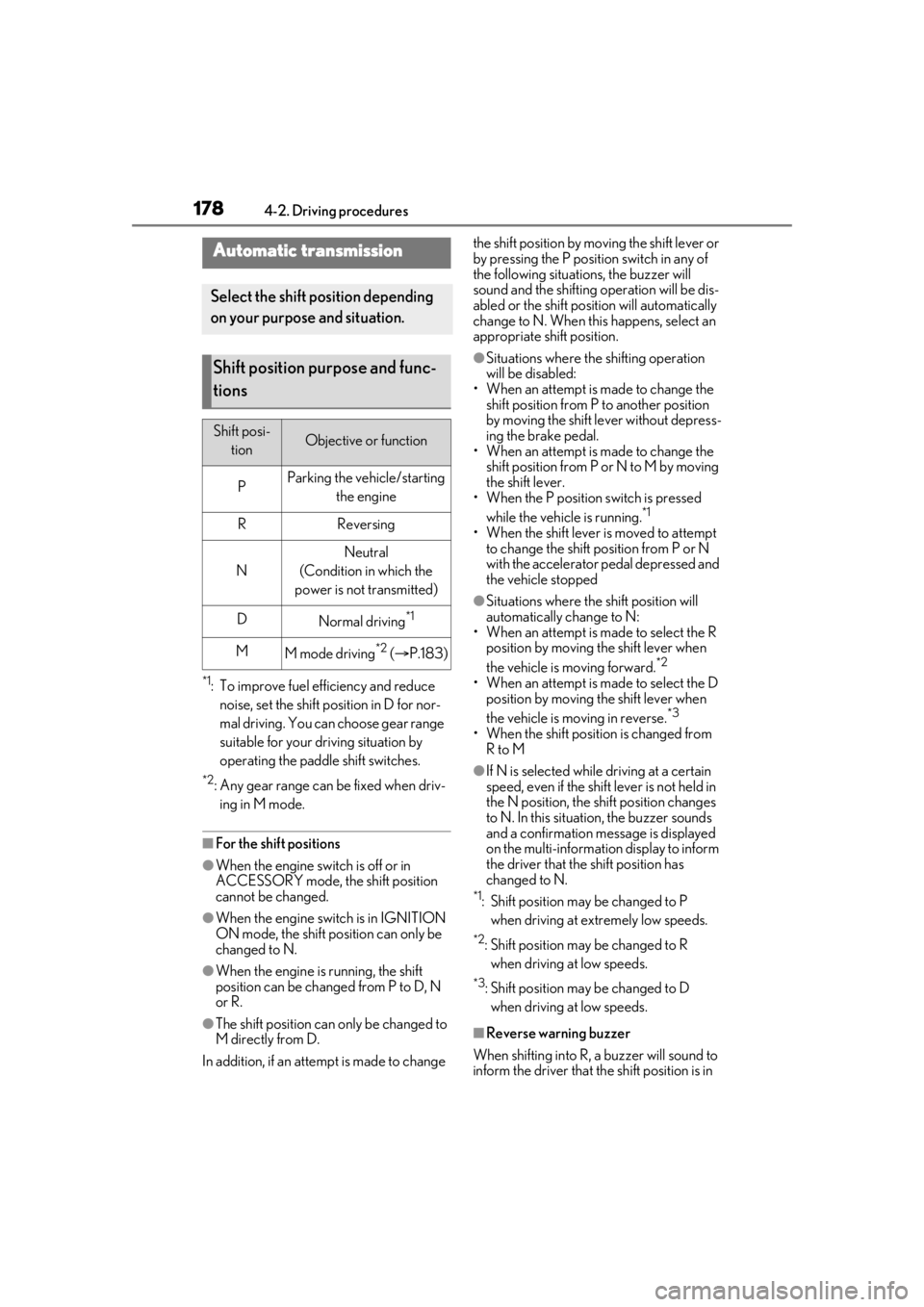 LEXUS LS500 2021 Owners Manual 1784-2. Driving procedures
*1: To improve fuel efficiency and reduce noise, set the shift position in D for nor-
mal driving. You can choose gear range
suitable for your driving situation by
operati LEXUS LS500 2021 Owners Manual 1784-2. Driving procedures
*1: To improve fuel efficiency and reduce noise, set the shift position in D for nor-
mal driving. You can choose gear range
suitable for your driving situation by
operati