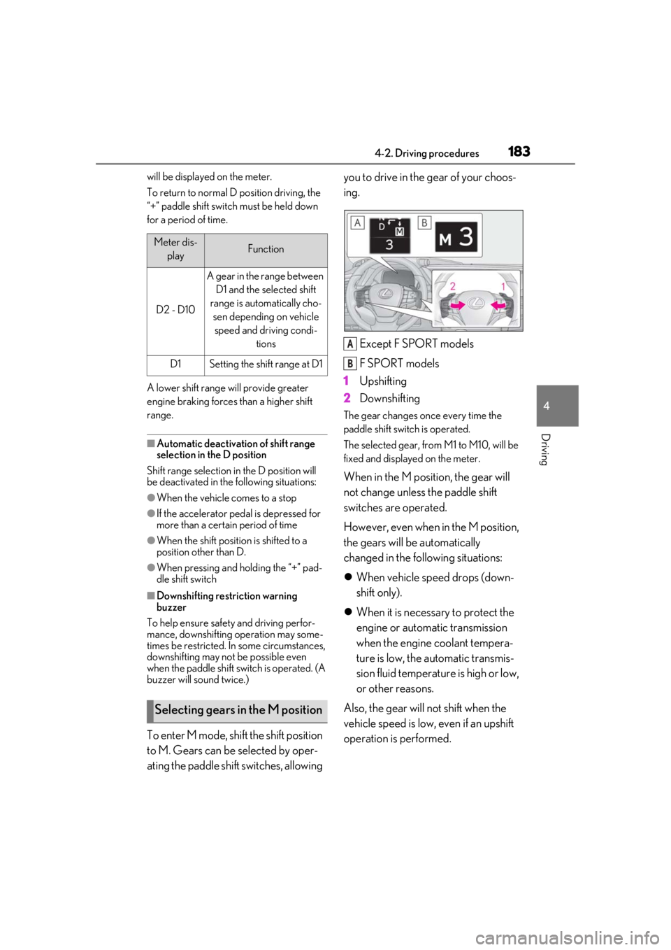 LEXUS LS500 2021 Owners Manual 1834-2. Driving procedures
4
Driving
will be displayed on the meter.
To return to normal D position driving, the
“+” paddle shift switch must be held down
for a period of time.
A lower shift ran LEXUS LS500 2021 Owners Manual 1834-2. Driving procedures
4
Driving
will be displayed on the meter.
To return to normal D position driving, the
“+” paddle shift switch must be held down
for a period of time.
A lower shift ran