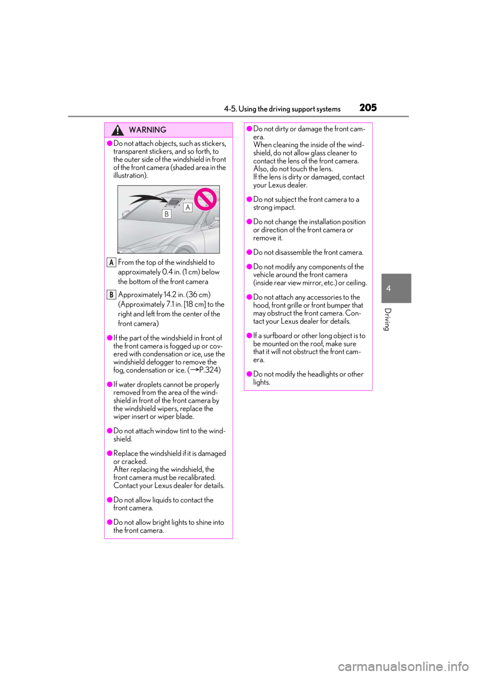 LEXUS LS500 2021 Owners Manual 2054-5. Using the driving support systems
4
Driving
WARNING
●Do not attach objects, such as stickers,
transparent stickers, and so forth, to
the outer side of the windshield in front
of the front LEXUS LS500 2021 Owners Manual 2054-5. Using the driving support systems
4
Driving
WARNING
●Do not attach objects, such as stickers,
transparent stickers, and so forth, to
the outer side of the windshield in front
of the front