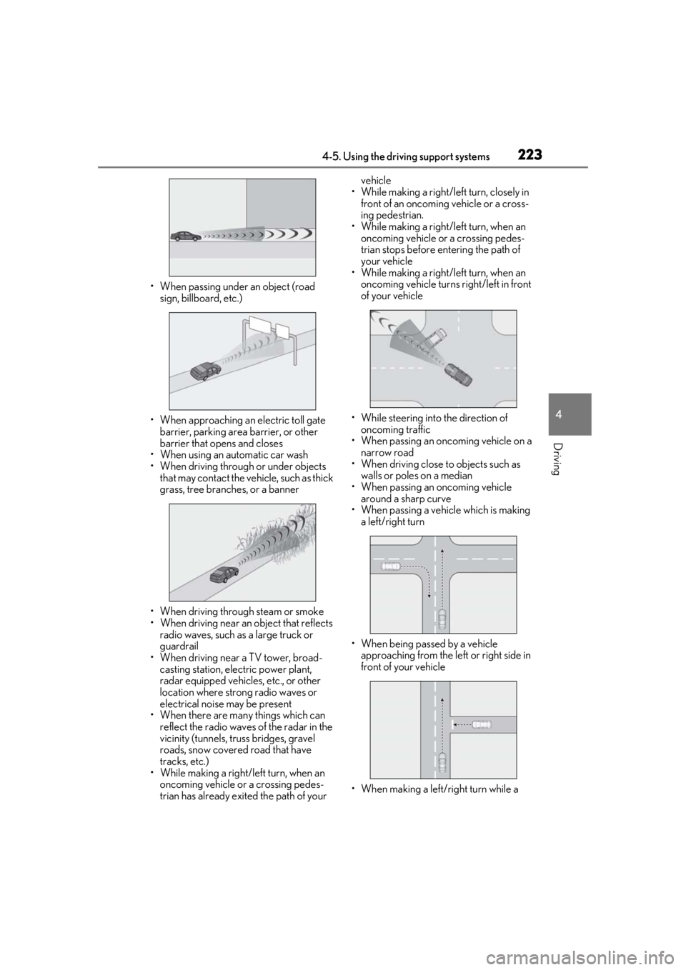 LEXUS LS500 2021 Owners Manual 2234-5. Using the driving support systems
4
Driving
• When passing under an object (road sign, billboard, etc.)
• When approaching an electric toll gate barrier, parking area barrier, or other
LEXUS LS500 2021 Owners Manual 2234-5. Using the driving support systems
4
Driving
• When passing under an object (road sign, billboard, etc.)
• When approaching an electric toll gate barrier, parking area barrier, or other