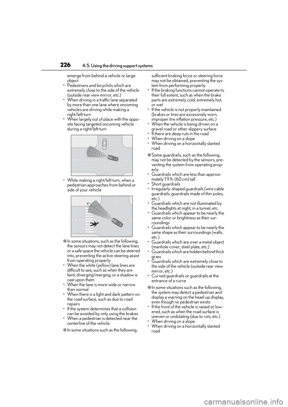 LEXUS LS500 2021 Owners Manual 2264-5. Using the driving support systems
emerge from behind a vehicle or large
object
• Pedestrians and bicyclists which are
extremely close to the side of the vehicle
(outside rear view mirror, LEXUS LS500 2021 Owners Manual 2264-5. Using the driving support systems
emerge from behind a vehicle or large
object
• Pedestrians and bicyclists which are
extremely close to the side of the vehicle
(outside rear view mirror,
