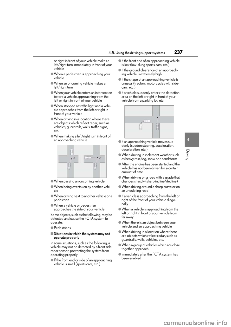 LEXUS LS500 2021 Owners Manual 2374-5. Using the driving support systems
4
Driving
or right in front of your vehicle makes a
left/right turn immediately in front of your
vehicle
●When a pedestrian is approaching your
vehicle
LEXUS LS500 2021 Owners Manual 2374-5. Using the driving support systems
4
Driving
or right in front of your vehicle makes a
left/right turn immediately in front of your
vehicle
●When a pedestrian is approaching your
vehicle